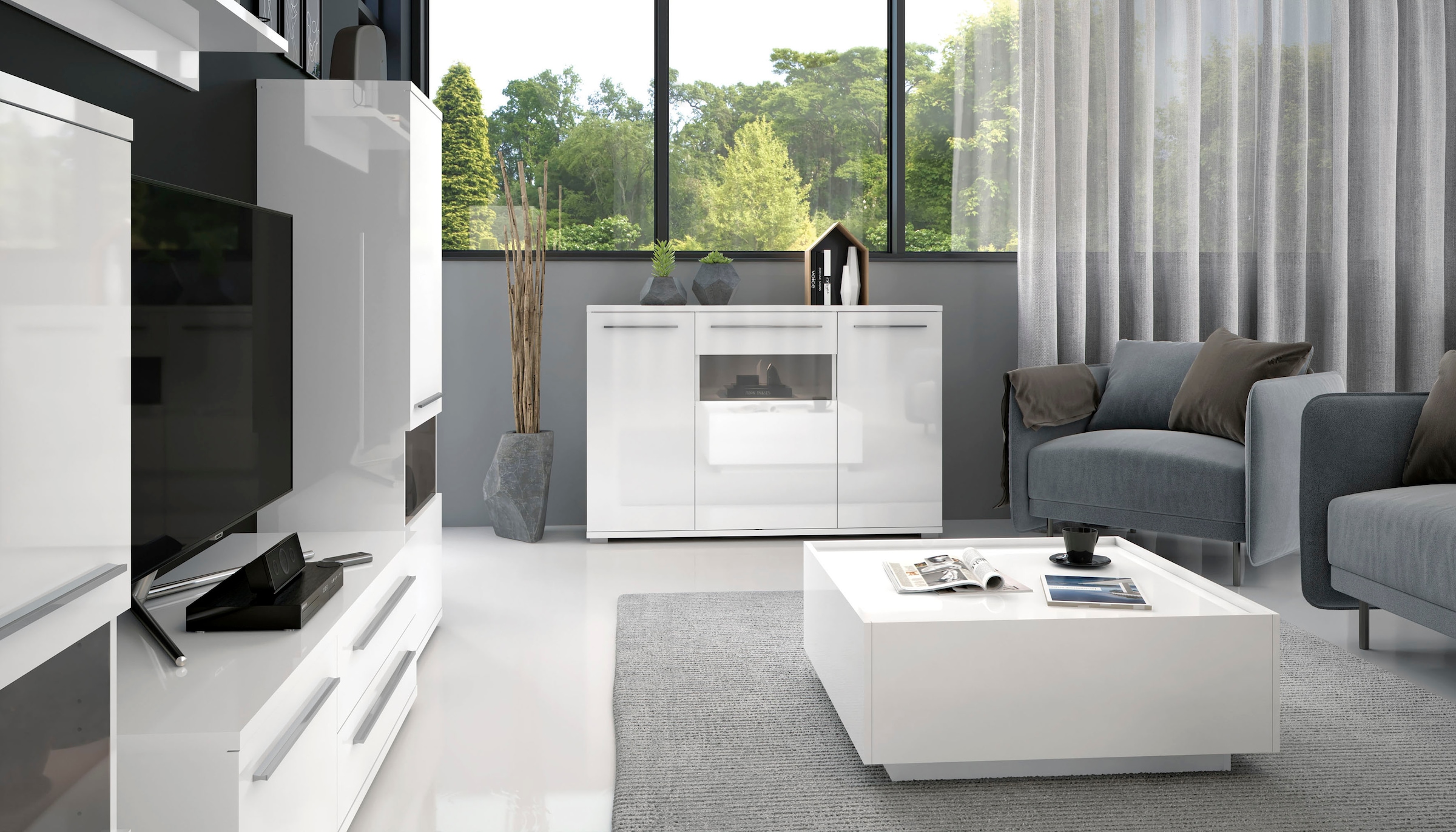 Places of Style Kommode »Piano«, (H/B/T): 84,6/150/45,2cm), Hochglanz UV lackiert, Soft-Close Funktion
