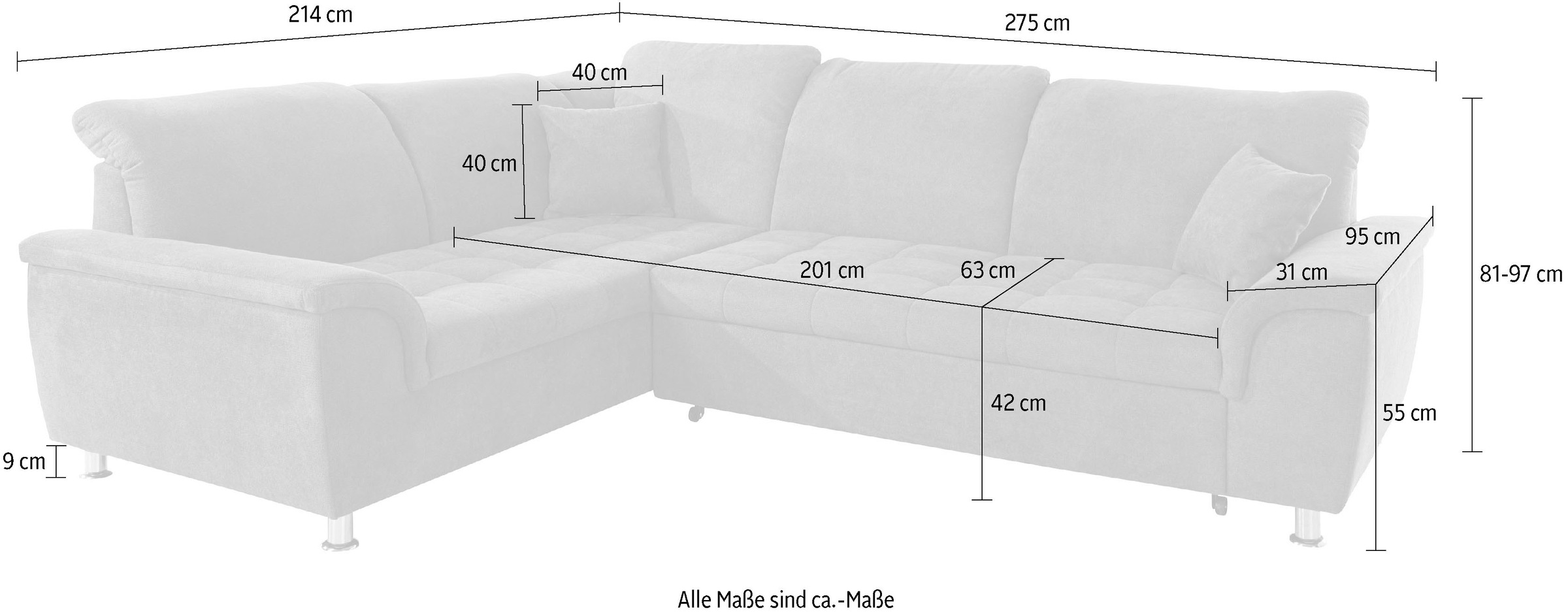 DOMO collection Ecksofa »Franzi, zeitlos und elegant, moderne Sitzheftung, L-Form«, wahlweise mit Kopfteilverstellung (dann Breite: 275 cm)