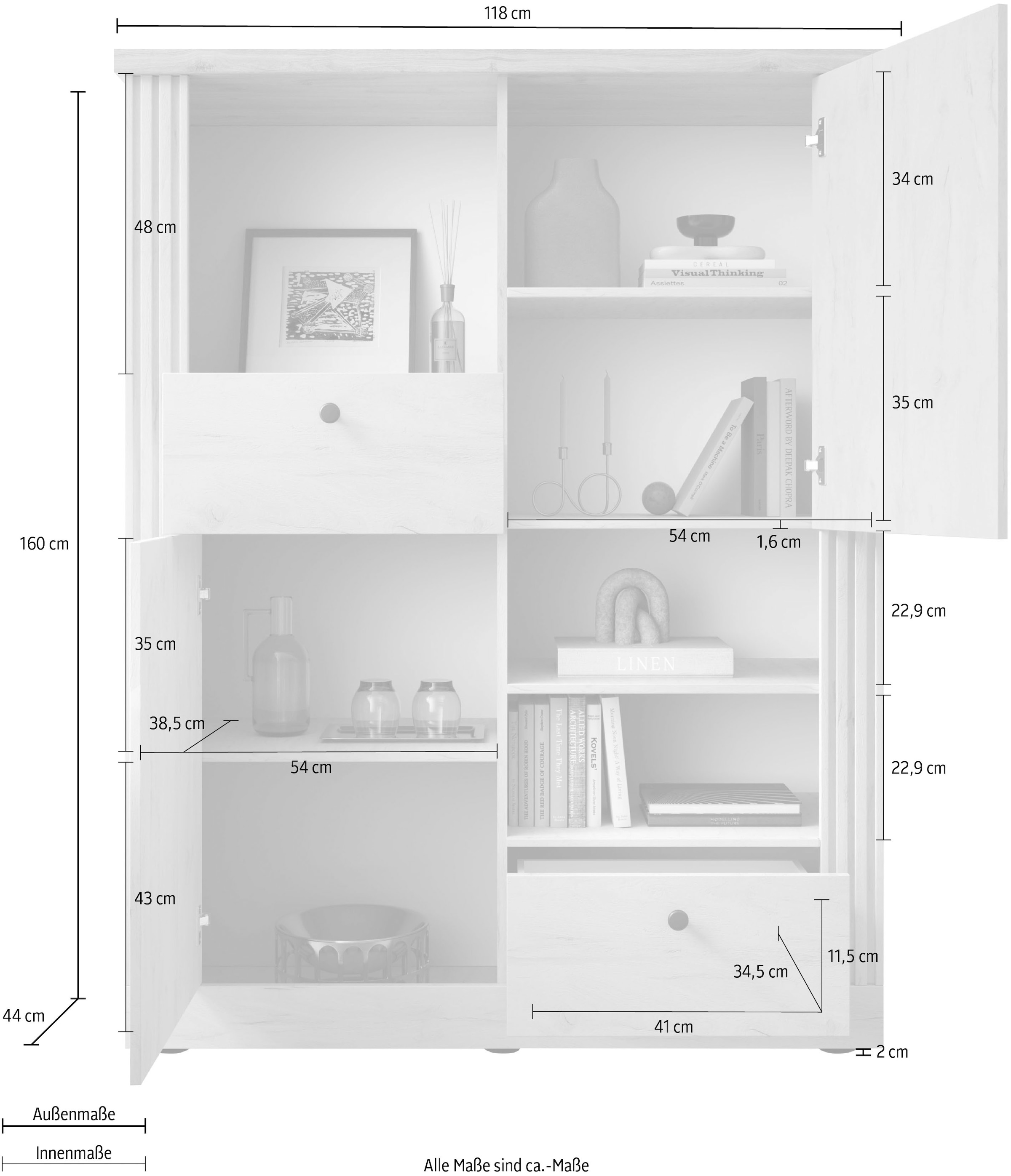 Home affaire Highboard »Country Höhe 160 cm u. Breite 118 cm, Kommode 2 Türen, 2 Schubkästen,«, Schrank im Landhausstil, viel Stauraum, mit Metallgriffe, MDF-Rahmen