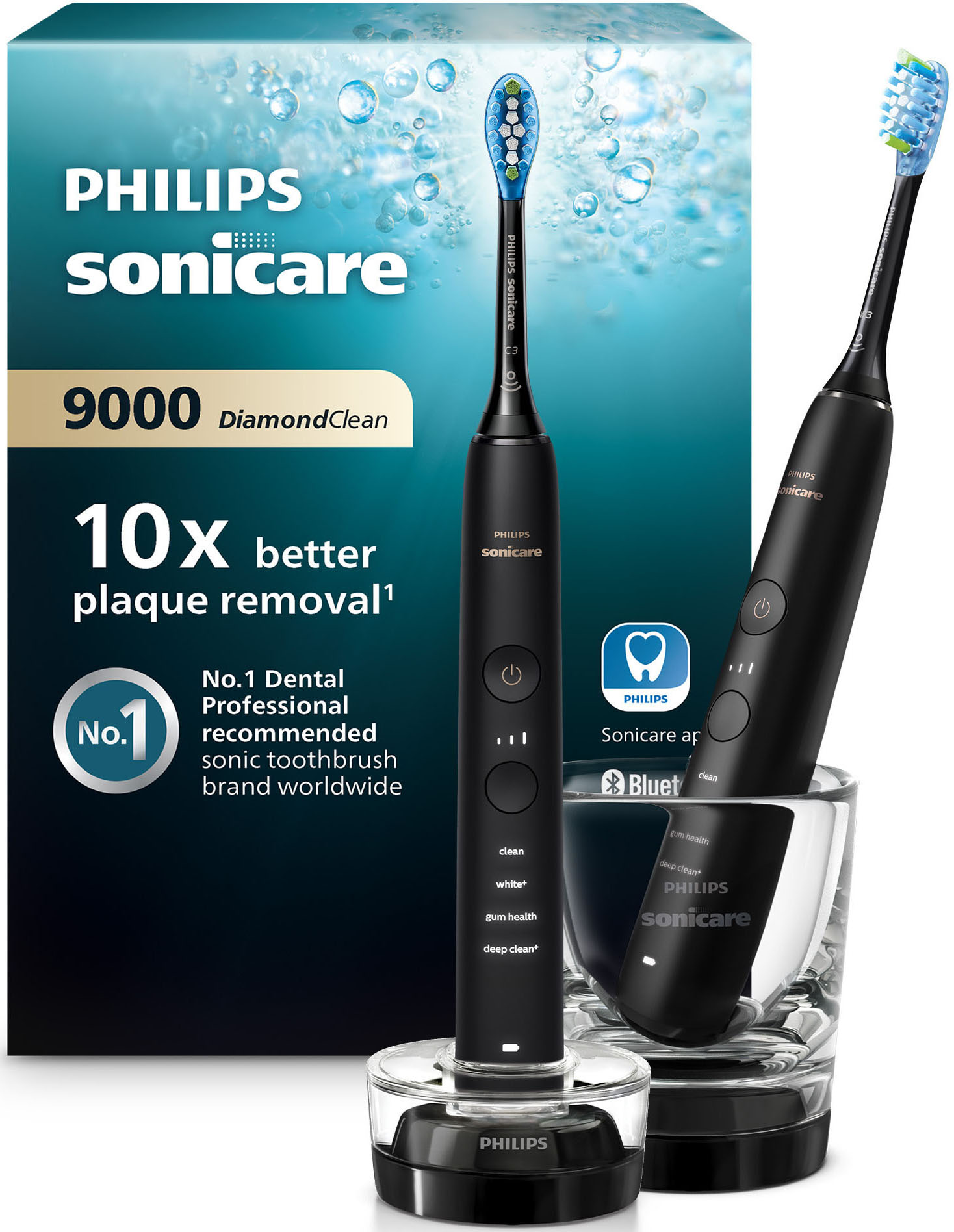 Philips Sonicare Elektrische Zahnbürste "HX9914" 2 Stk. Aufsteckbürsten DiamondClean Premium Schallzahnbürste, Doppelpack inkl. Ladeglas