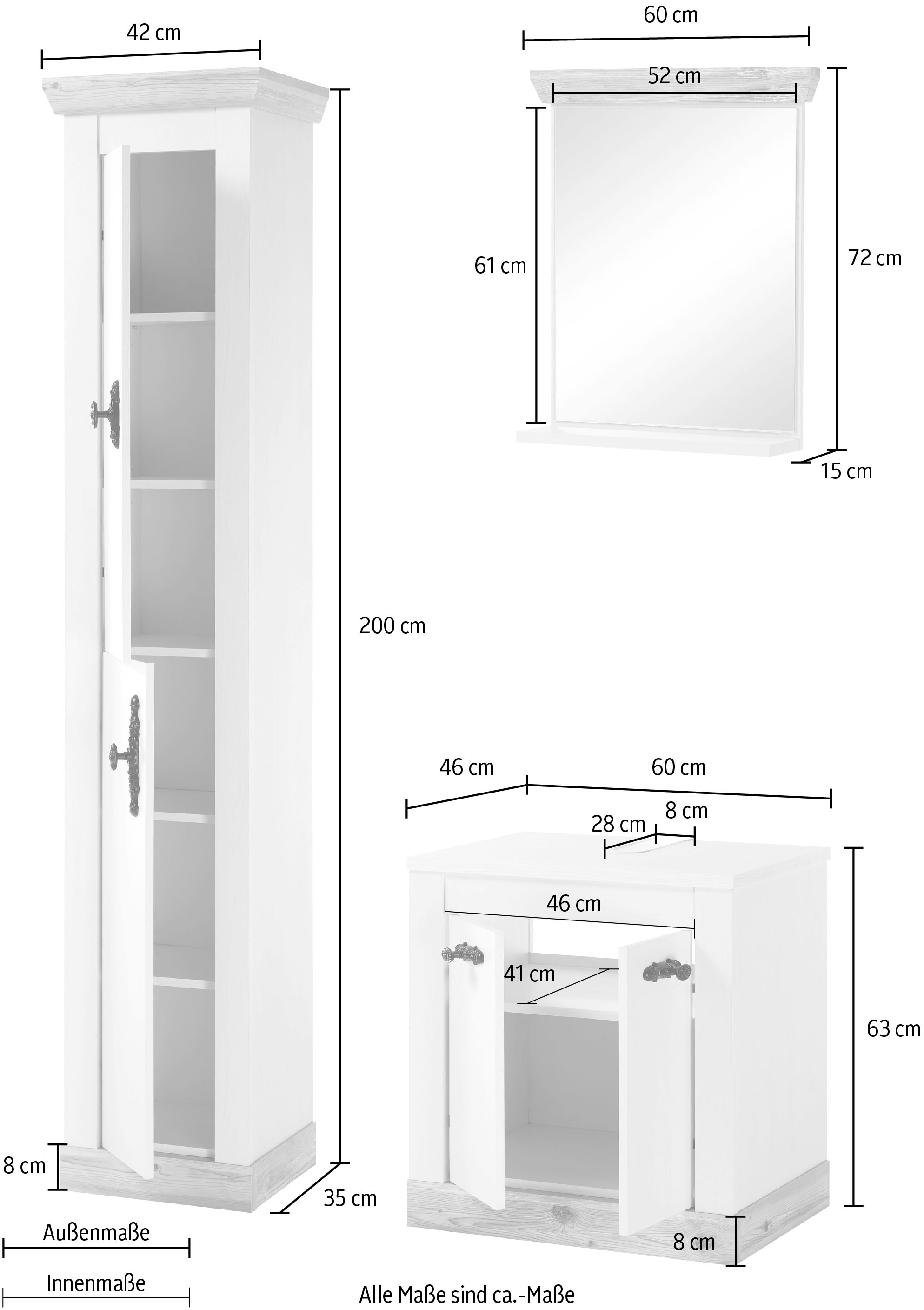 Home affaire Badmöbel-Set »Florenz, Bad im Landhausstil, 3-teiliges Badezimmer«, (3 St.), Waschbeckenunterschrank, Schrank und Spiegel, in Pinie Weiss, Stauraum