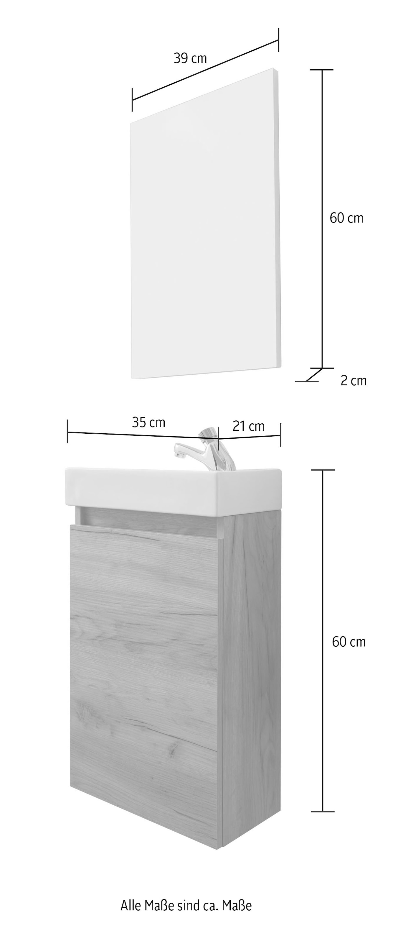 welltime Badmöbel-Set »Oslo 2-teilig, Badezimmerschrank Gäste-WC Waschplatz Set«, (Komplett-Set, 3 St.), Waschtisch mit Waschbecken und Spiegel Breite 40cm, Gästewaschtisch