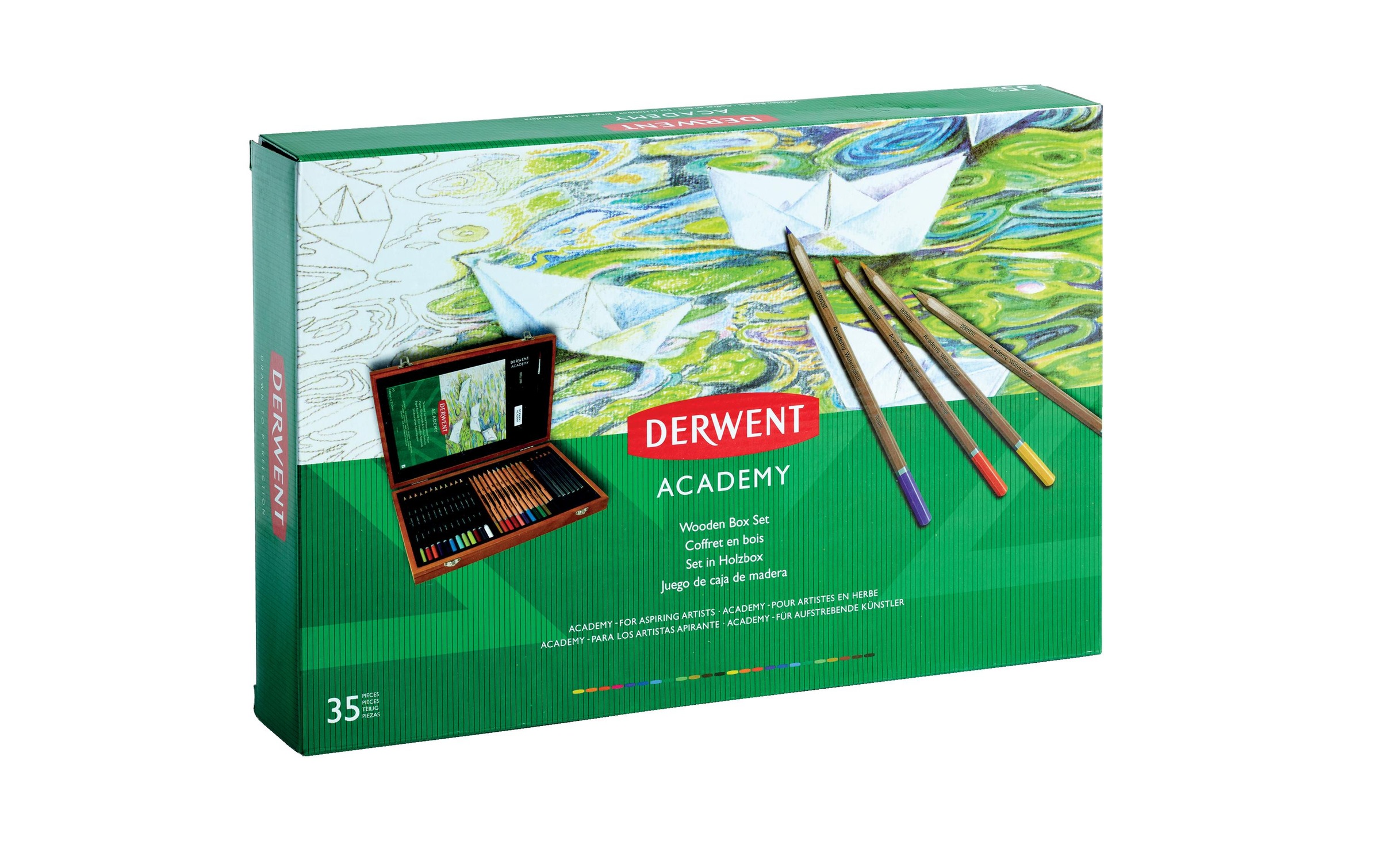 Derwent, coffret en bois Academy, spécial dessins & croquis, avec crayons de couleur, aquarellables, graphites et accessoires
