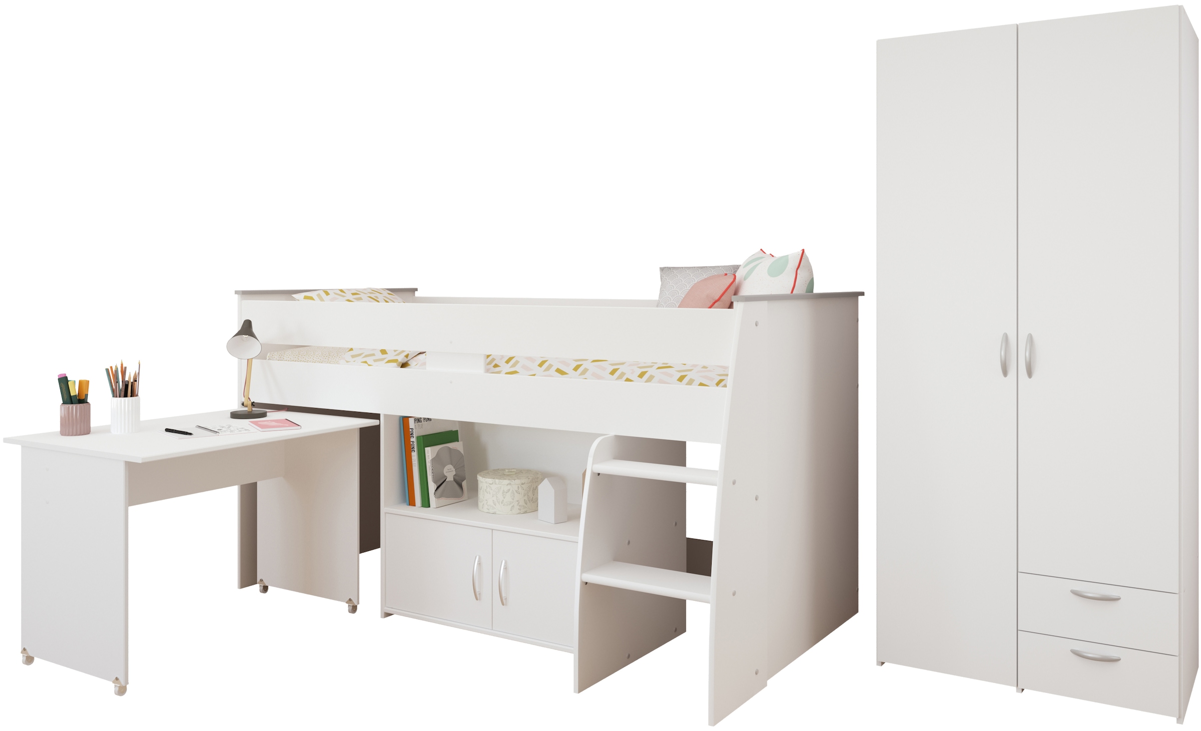 Parisot Jugendzimmer-Set "Reverse 12" Hochbett mit Schreibtisch und Kommode + Kleiderschrank, 2-türig, 2 Stk. tlg. viel Stauraum, platzsparend, Schreibtisch und Kommode integriert