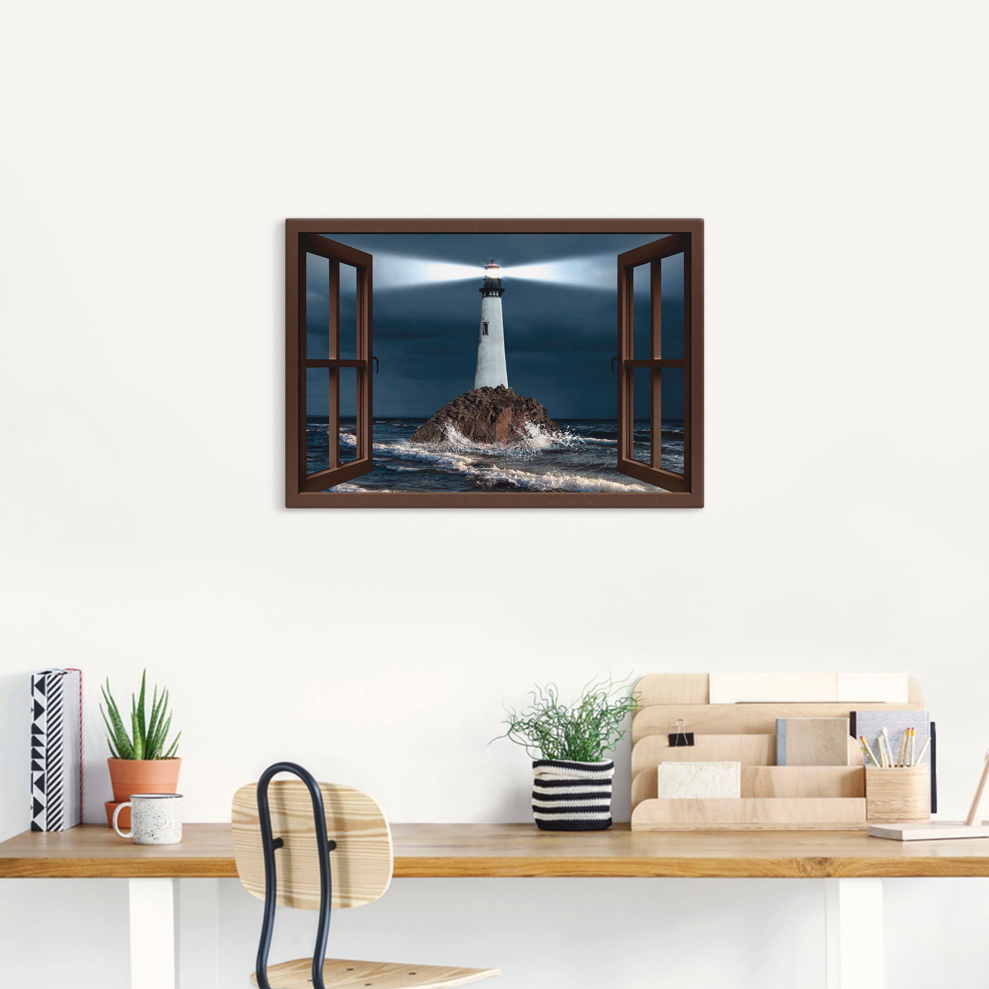 Artland Wandbild »Fensterblick Leuchtturm mit Lichtstrahl«, Gebäude, (1 St.), als Leinwandbild, Wandaufkleber in verschied. Grössen