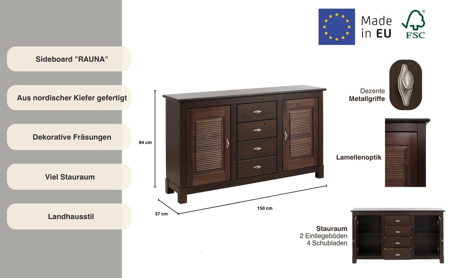 Home affaire Sideboard »Rauna«, Kommode, B/T/H: 150/37/84 cm