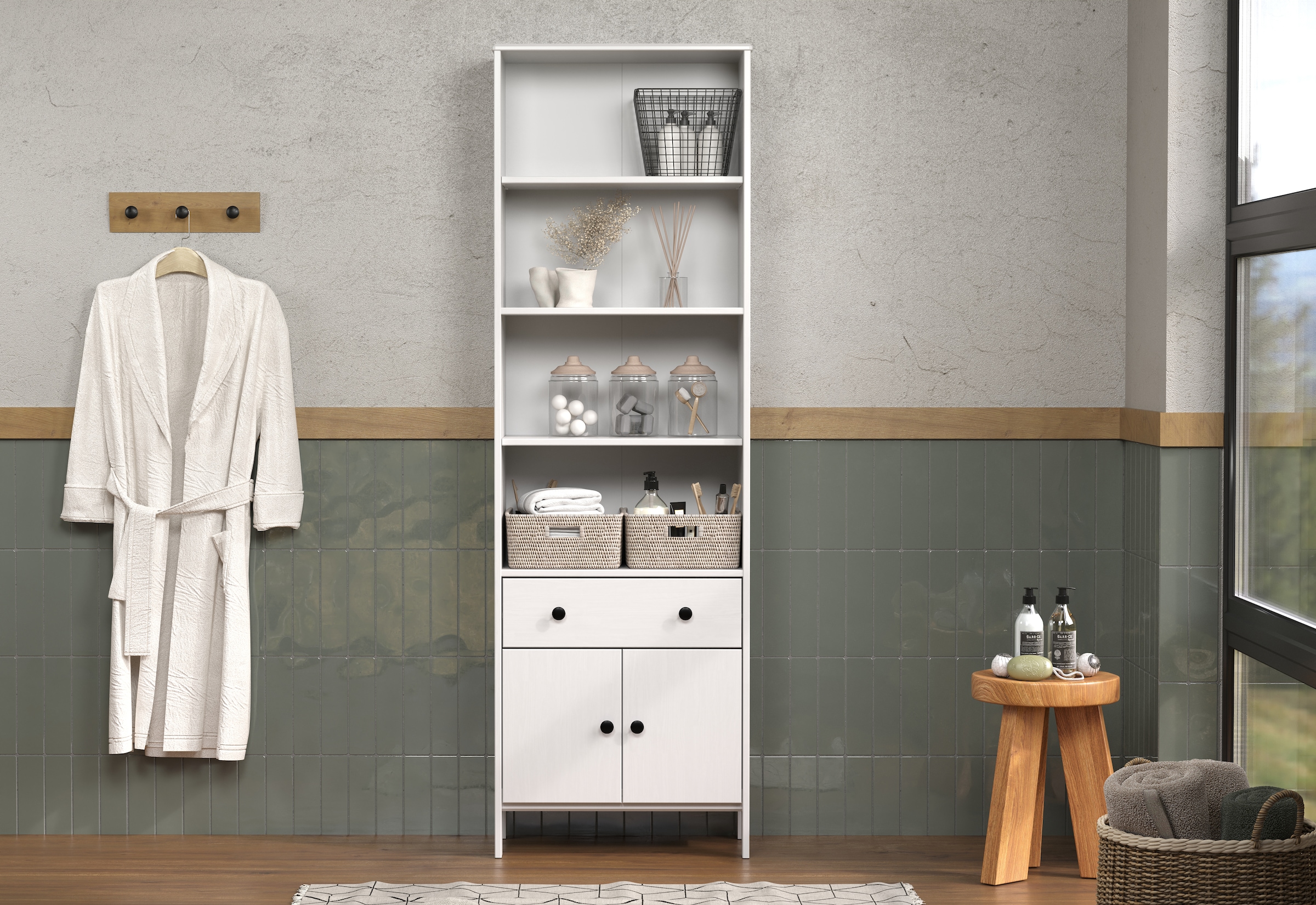 welltime Hochschrank »Kall«, (1 St.), Badezimmerschrank aus Kiefer-Massivholz - Masse (B/T/H) 60/33/188 cm