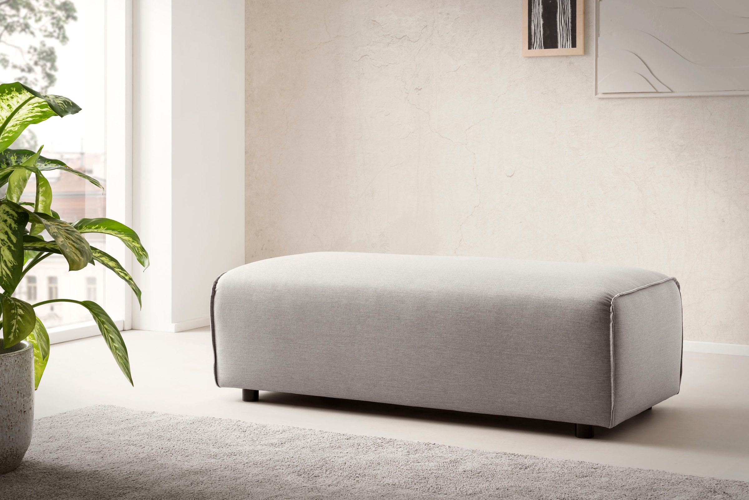 LeGer Home by Lena Gercke Hocker »PIARA, Polsterhocker mit Kedernaht in Cord oder Leinenoptik«, zur Serie PIARA, rechteckig, schwarze Füsse, bequemer Sitzkomfort