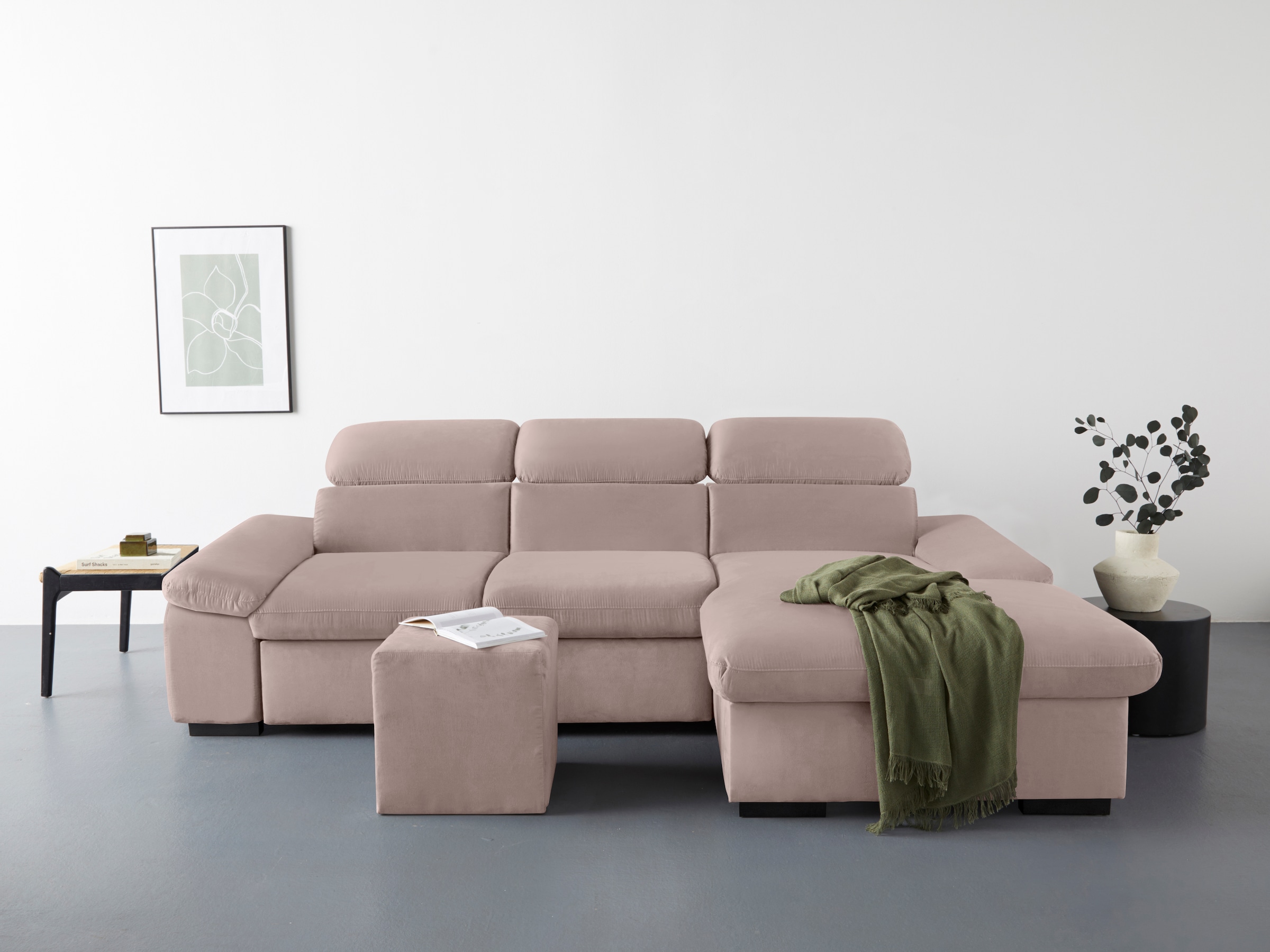 COTTA Ecksofa »Lola L-Form mit Kopfteilfunktion & Hocker«, (Set, mit Hocker), wahlweise mit Bettfunktion, Bettkasten & Armteilverstellung
