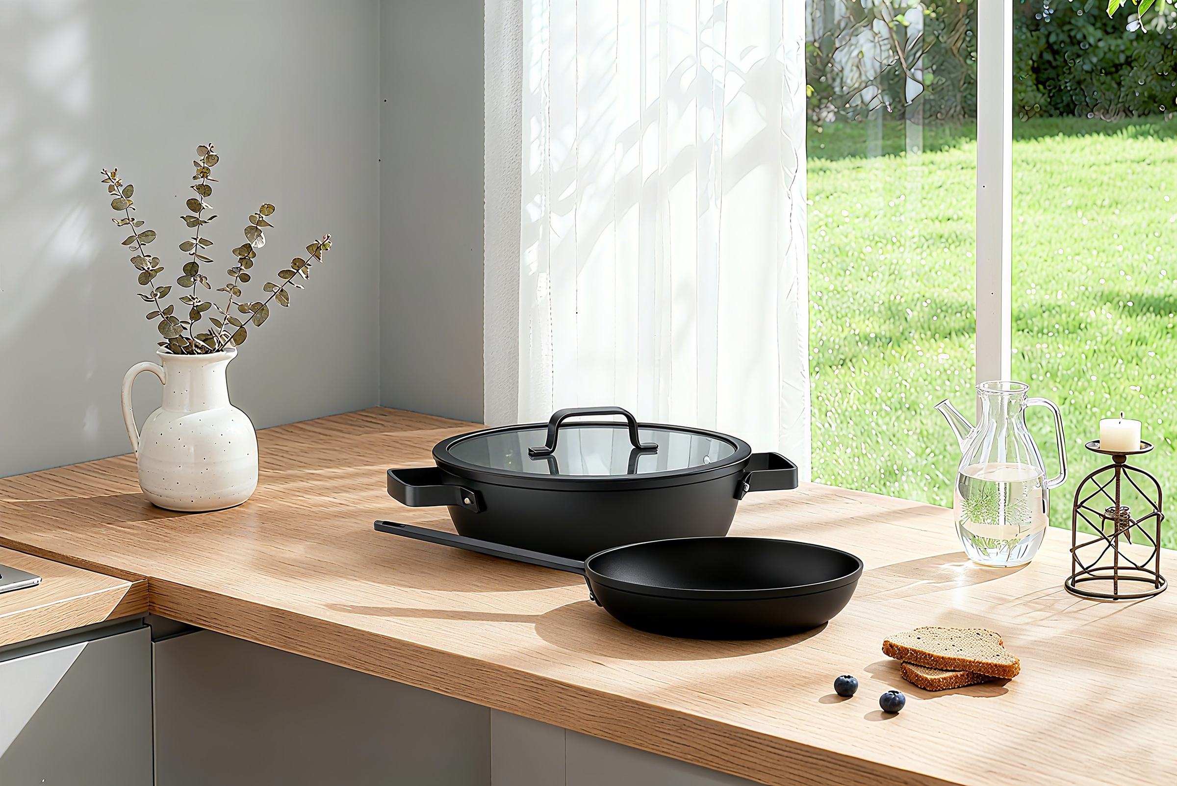 Hanseatic Pfannen-Set "ALU PRO" Aluminium Set, 1x Pfanne 24 cm, 1x Servierpfanne 28 cm mit Deckel, 3 Stk. tlg. Profi Pfannen mit Antihaftbeschichtung, für alle Herdarten, Induktion
