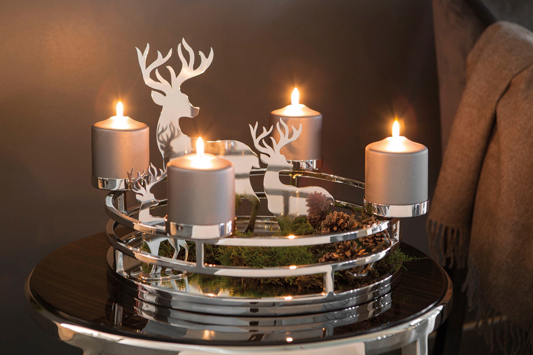 Fink Adventsleuchter "MODENA, für 4 Stumpenkerzen Ø 8 cm, Deko-Tablett für Weihnachten" Adventskranz, Ø 38 cm, Kerzenhalter aus Edelstahl, Weihnachtsdeko