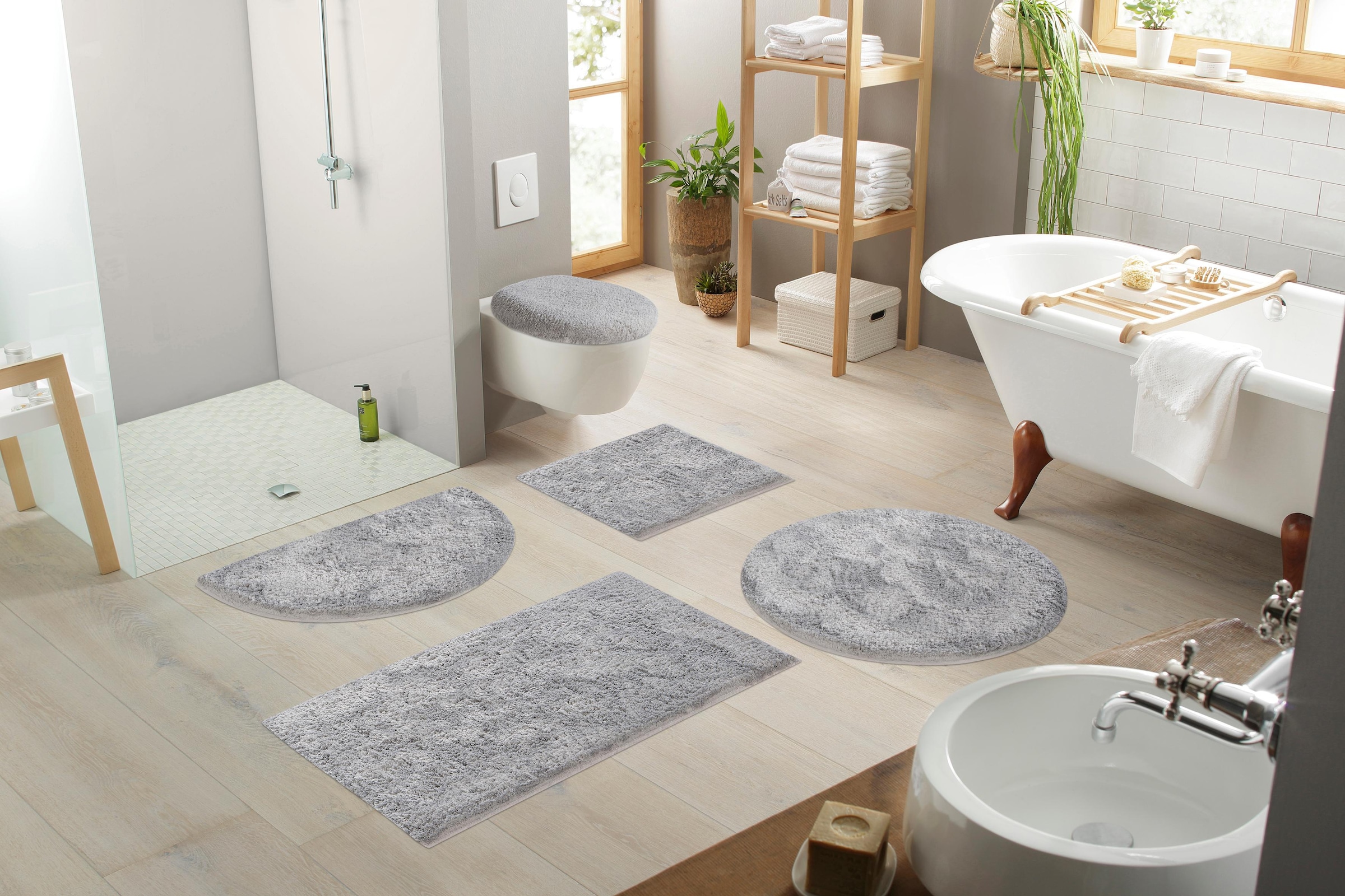 my home Badematte »Jos, Badvorleger, Badezimmer Teppich«, rutschhemmend beschichtet, fussbodenheizungsgeeignet-schnell trocknend, Badematten in Pastell-Farben, Badteppich als 3 teiliges Set erhältlich