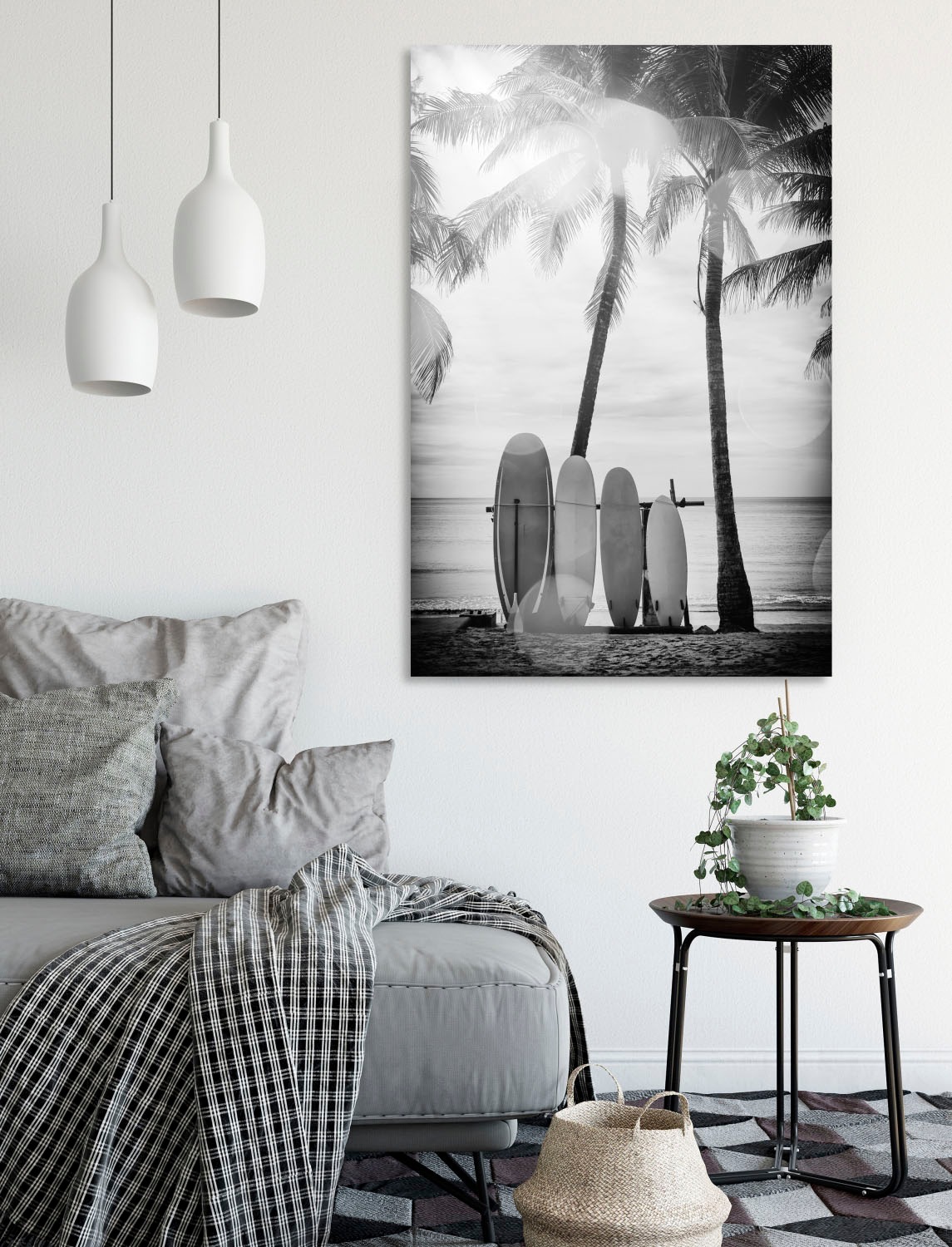 queence Acrylglasbild »Surfboards«, Kunst-Schwarz-Weiss-Strand-Palmen-Strandbilder, Fine Art-Print in Galeriequalität