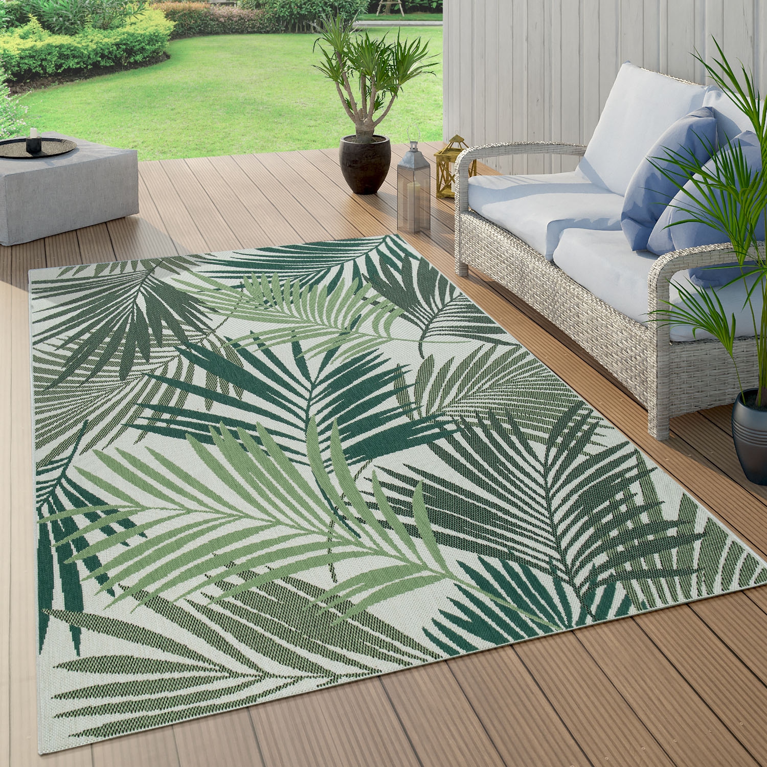 Paco Home Teppich »Ostende 534«, rechteckig, 4 mm Höhe, Flachgewebe, Motiv Palmenblätter, In- und Outdoor geeignet, Wohnzimmer