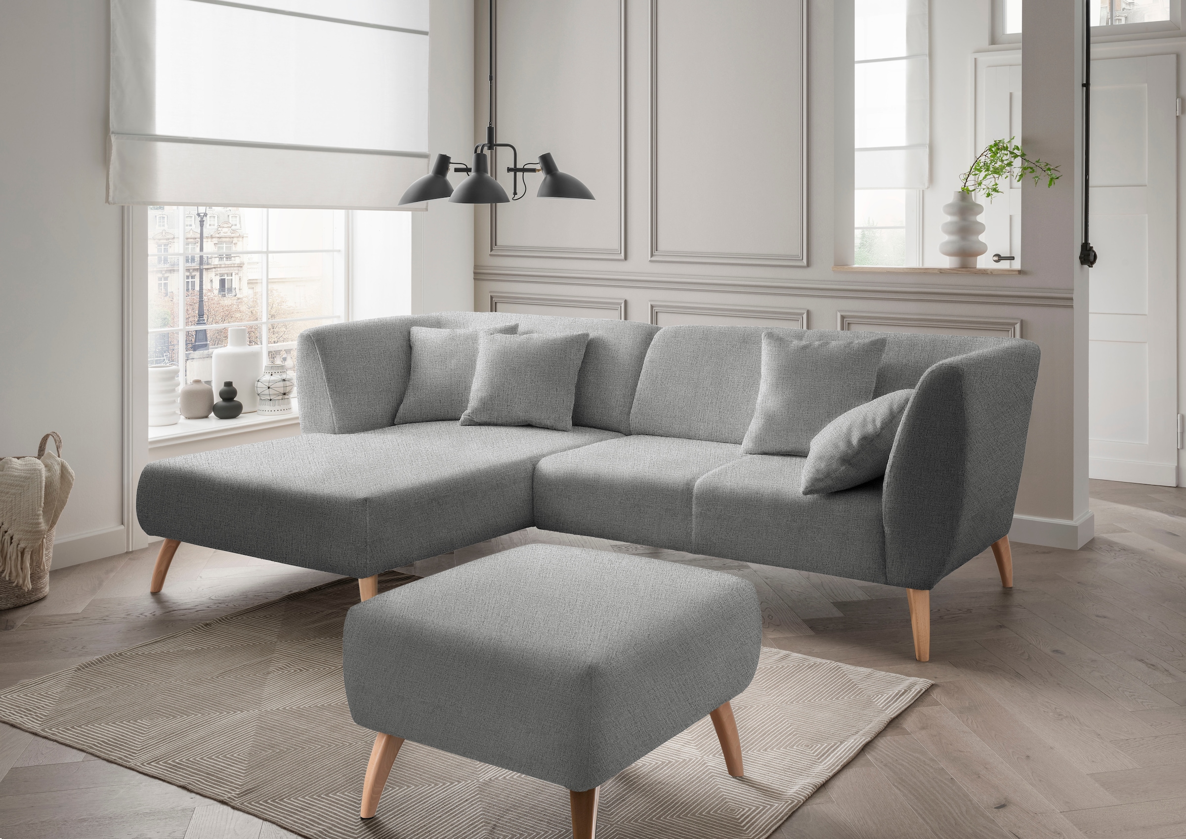 Home affaire Ecksofa "Colori Polstermöbel mit zeitlos eleganter Rückenführung. L-Form" Holzfussfarbe wählbar, inkl. 4x Zierkissen