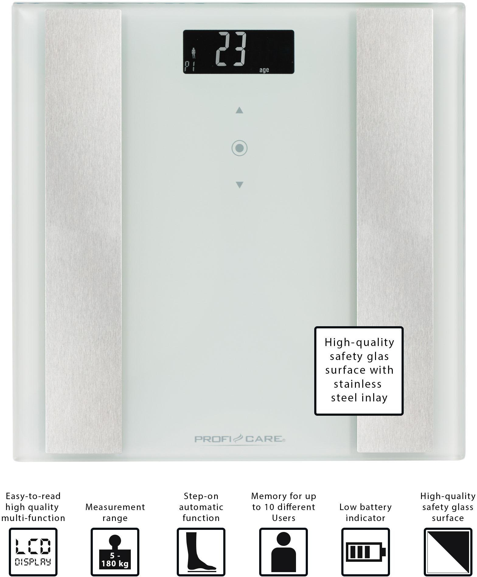 ProfiCare Körper-Analyse-Waage »PC-PW 3007 FA«, 8 in 1 Glas-Analyse-Waage in 2 Farben