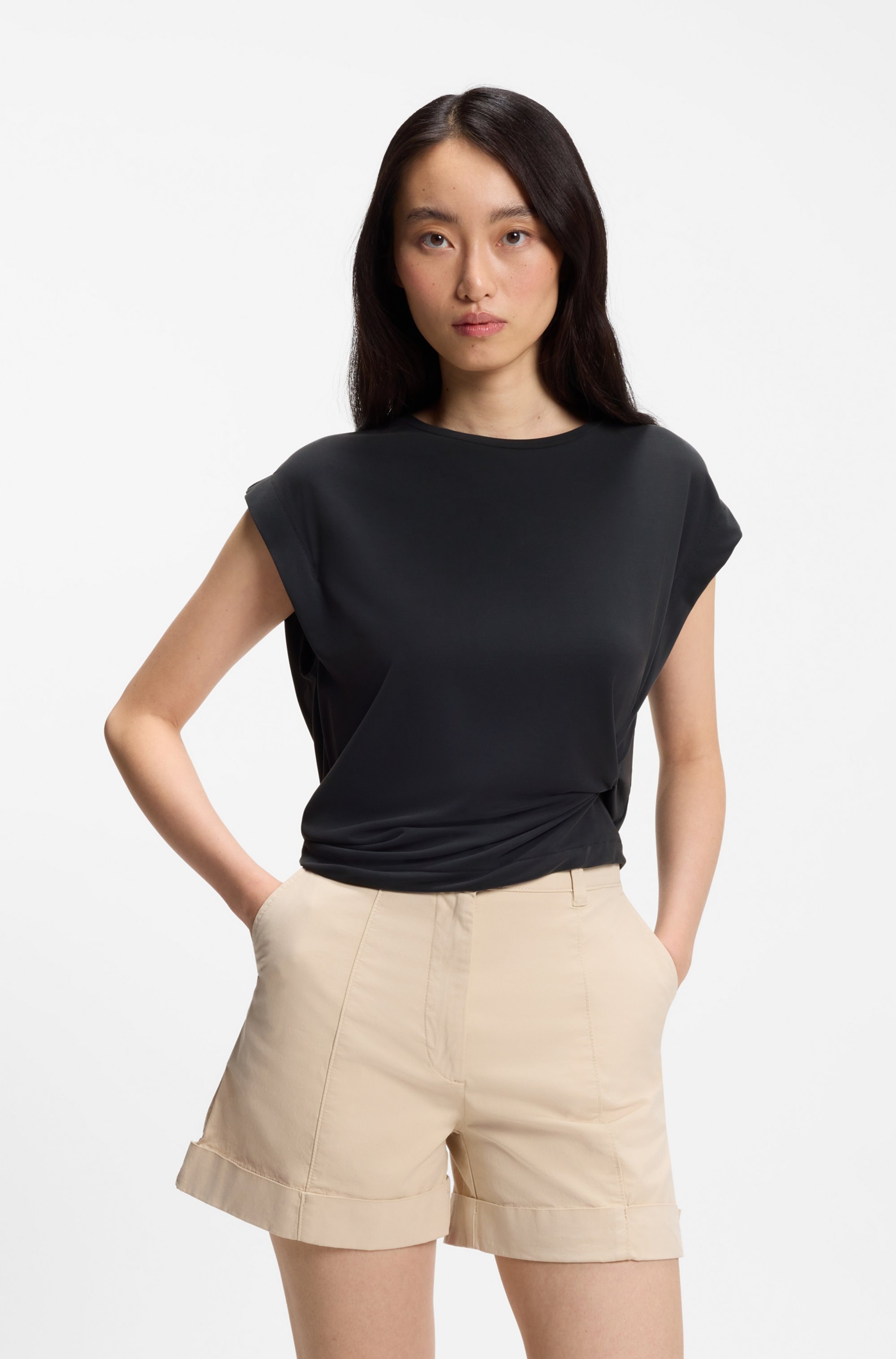 BOSS ORANGE Kurzarmshirt "Ebony Premium Damenmode" mit Wickel-Detail, Rundhals