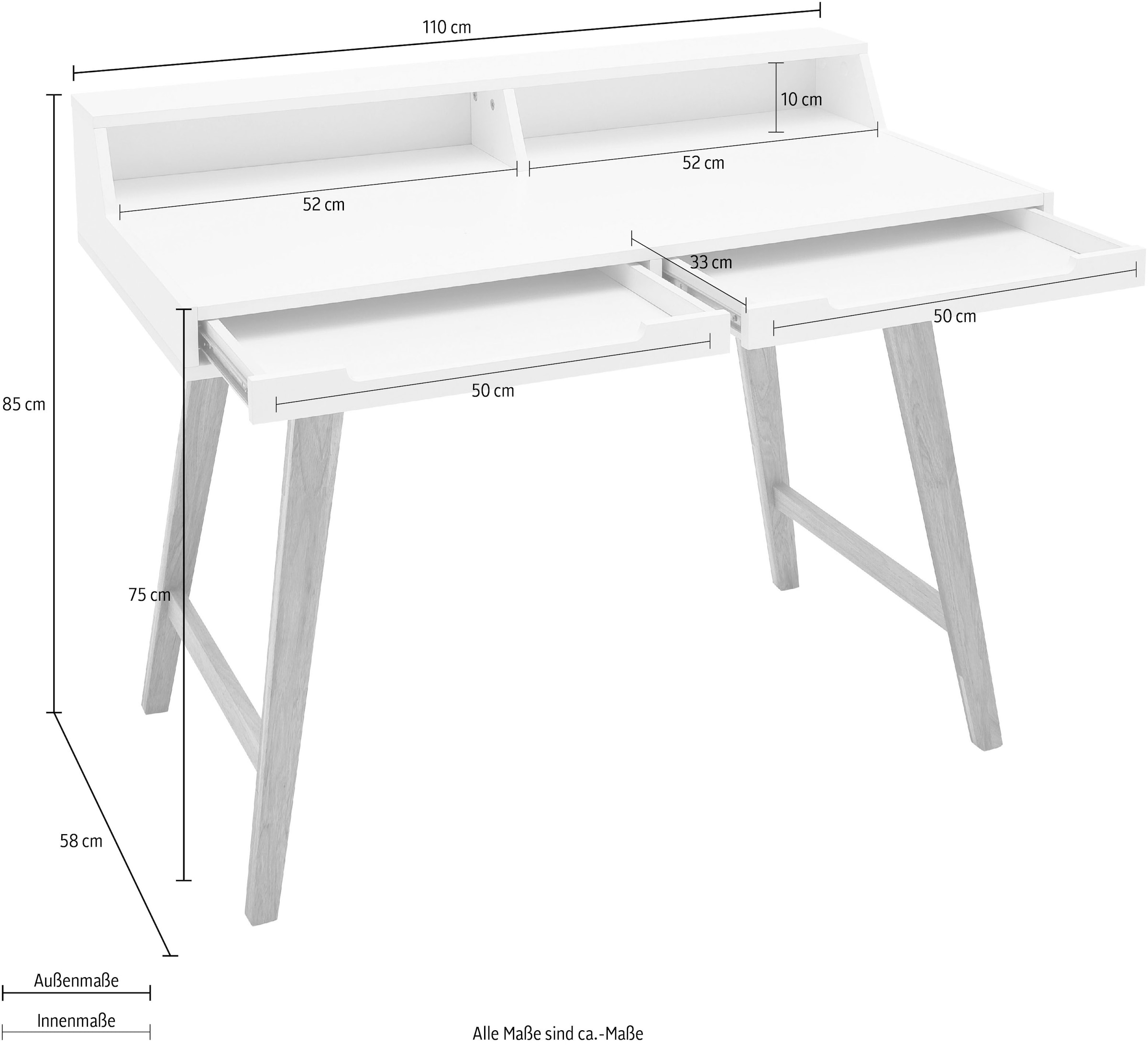 MCA furniture Schreibtisch »Tiffy«, weiss matt lackiert, Gestell Massivholz buchefarben, Breite 110 cm