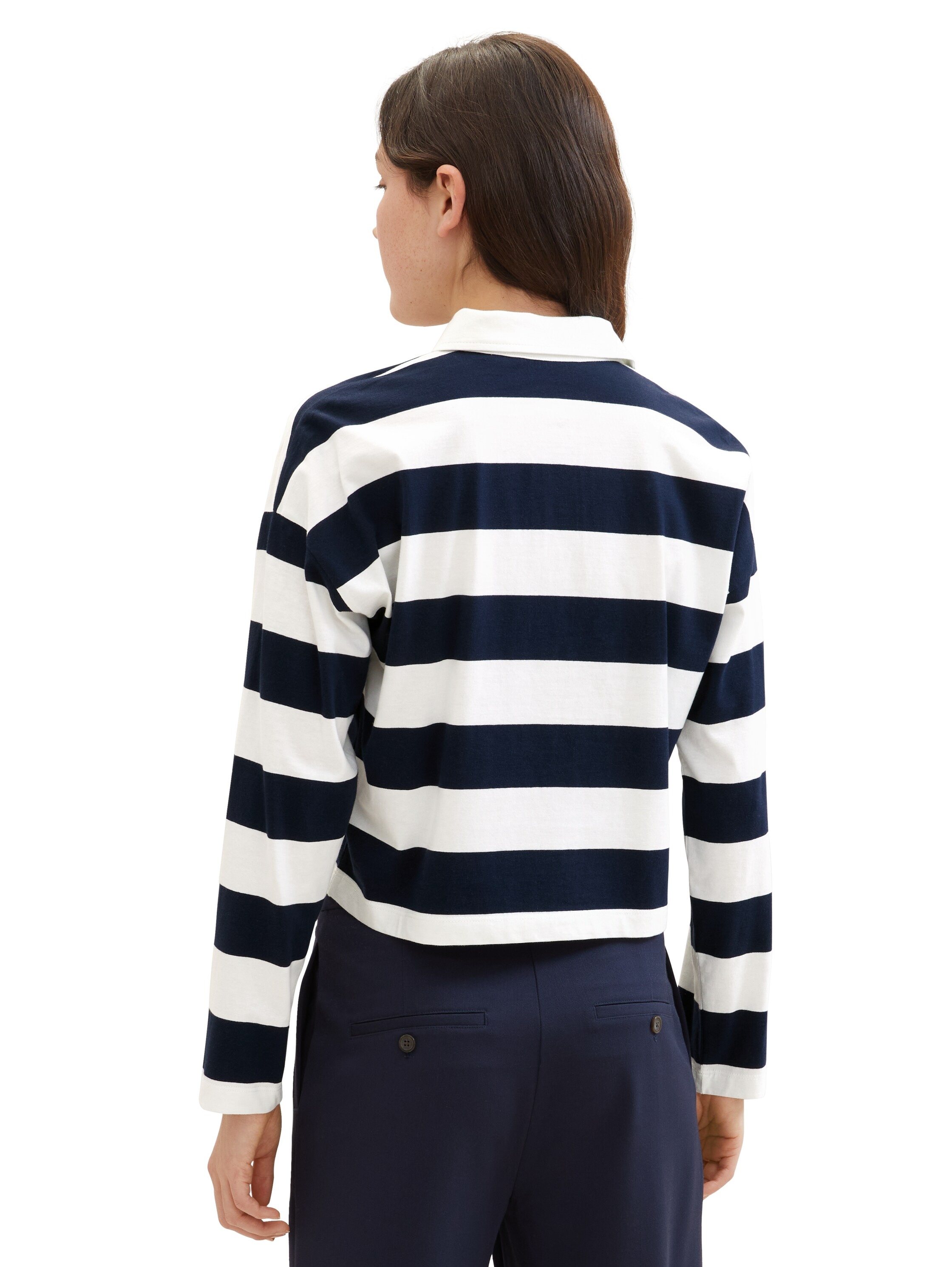 TOM TAILOR Denim Langarm-Poloshirt, mit Streifen und Polokragen, extra kurz