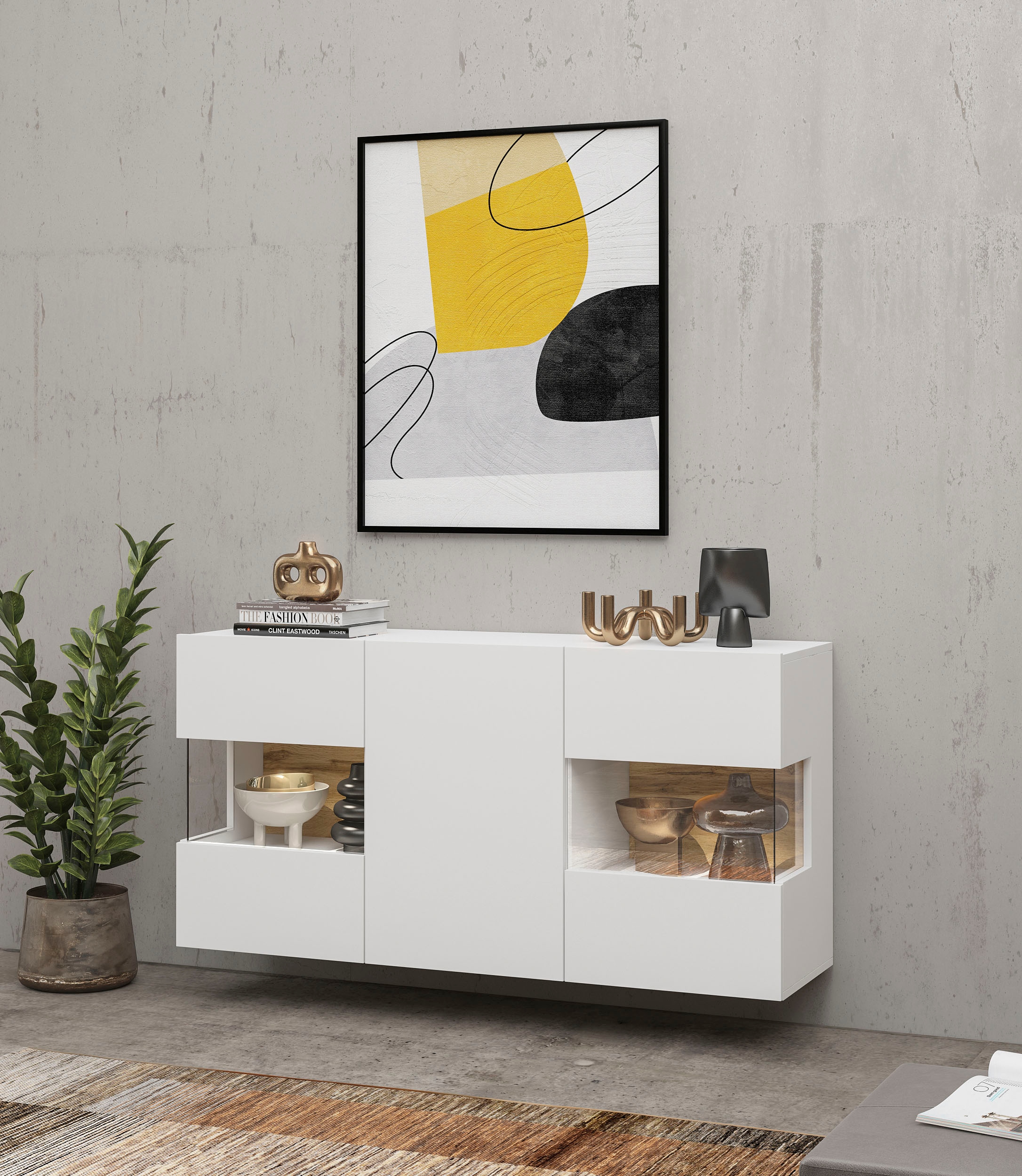 INOSIGN Sideboard »Ava, Breite 120 cm, hängend und stehend montierbar«, moderne grifflose Kommode, Anrichte, 3Türen, Eckverglasung