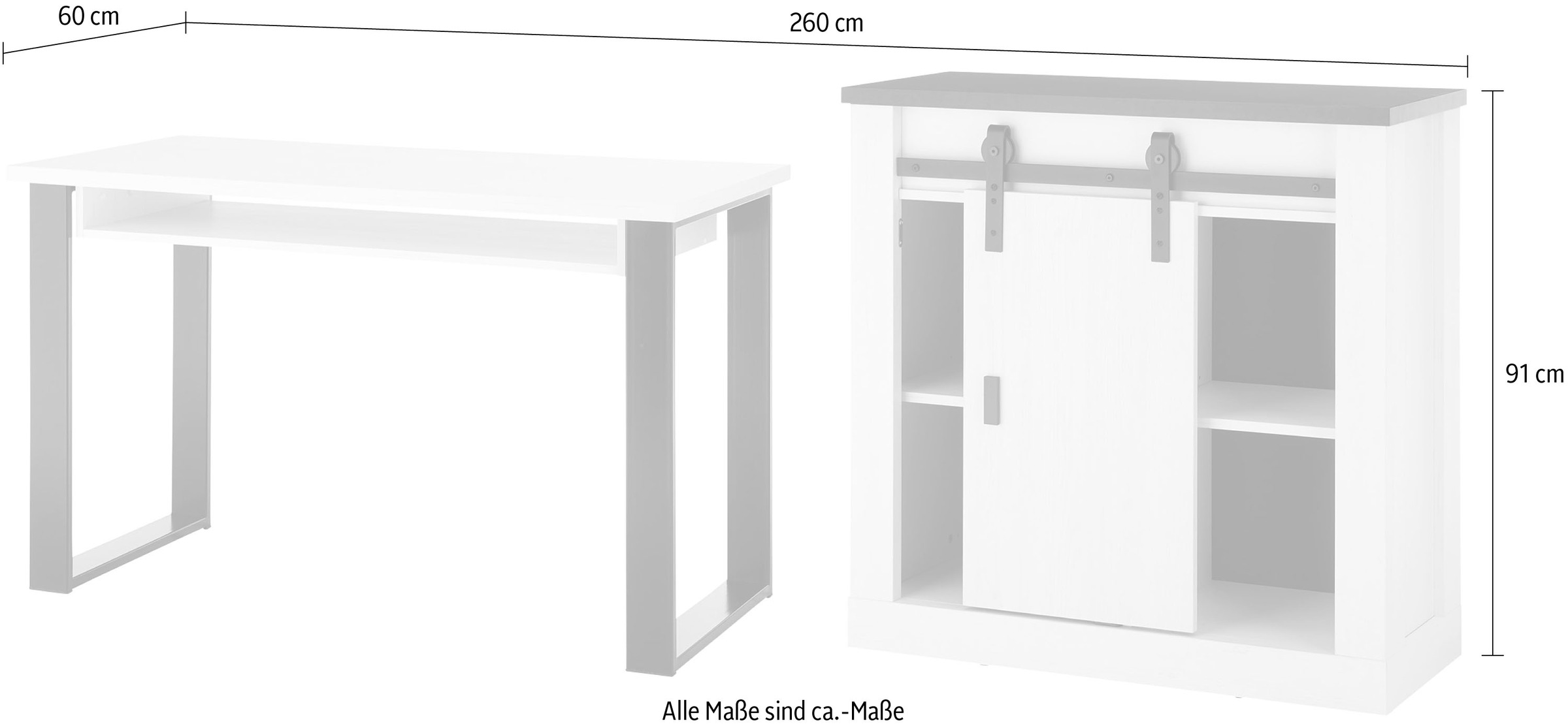Home affaire Schrank-Set »SHERWOOD«, (2 St.), Büromöbel Set mit Scheunentorbeschlag aus Metall, Breite ca. 220 cm