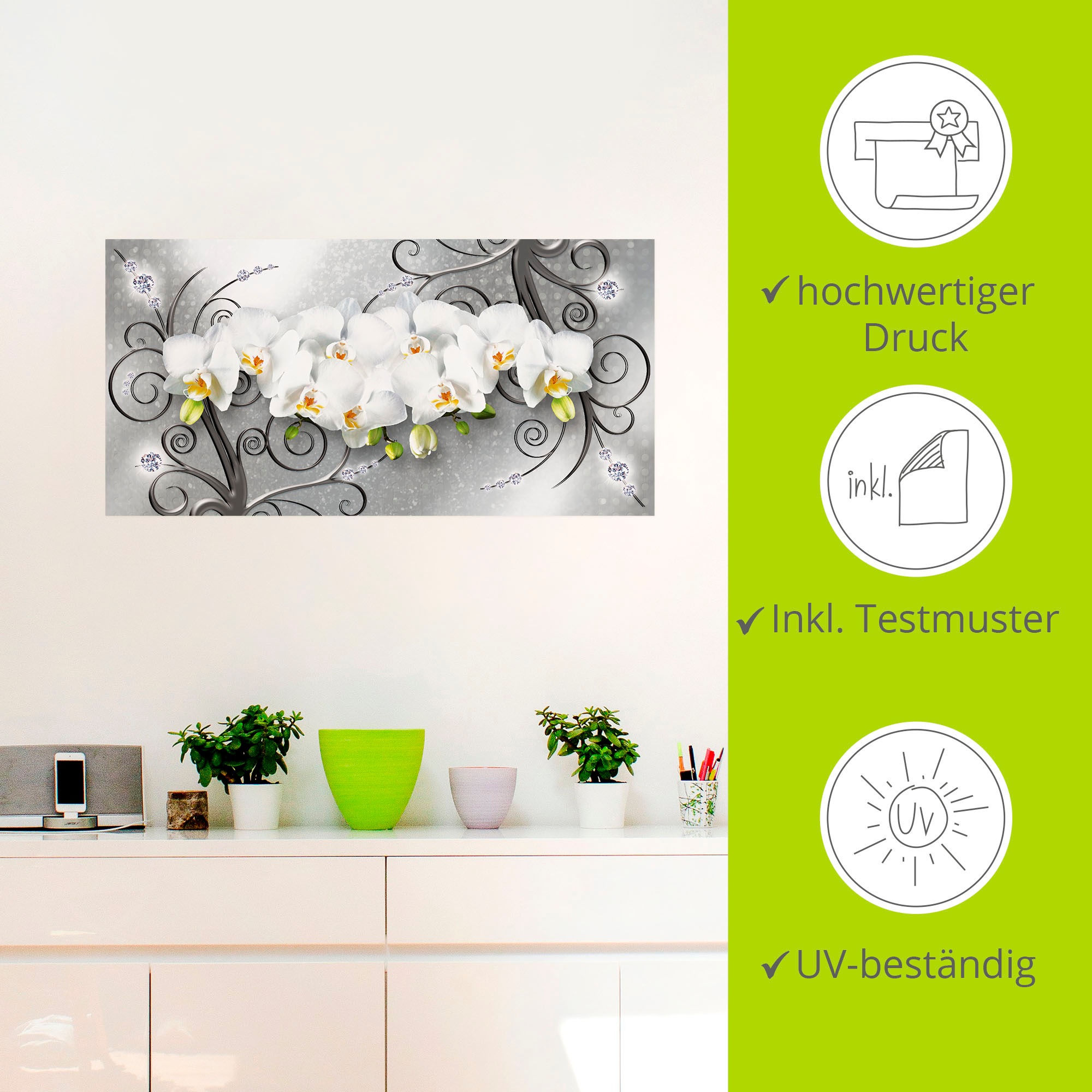 Artland Wandbild »weisse Orchideen auf Ornamenten«, Blumenbilder, (1 St.), als Alubild, Outdoorbild, Leinwandbild, Poster, Wandaufkleber