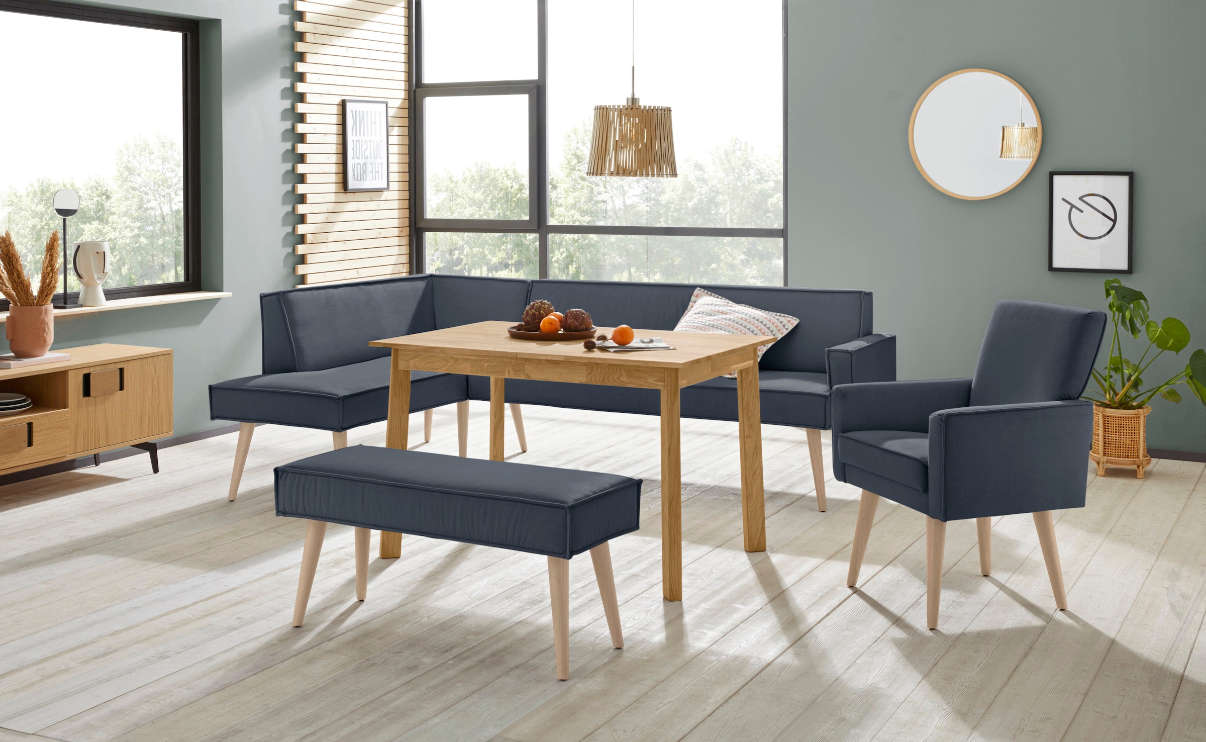 exxpo - sofa fashion Eckbank »Lungo, moderne Kedernaht, bequem und elegant, hoher Holzfuss«, hochwertige Detailverarbeitung, frei im Raum stellbar