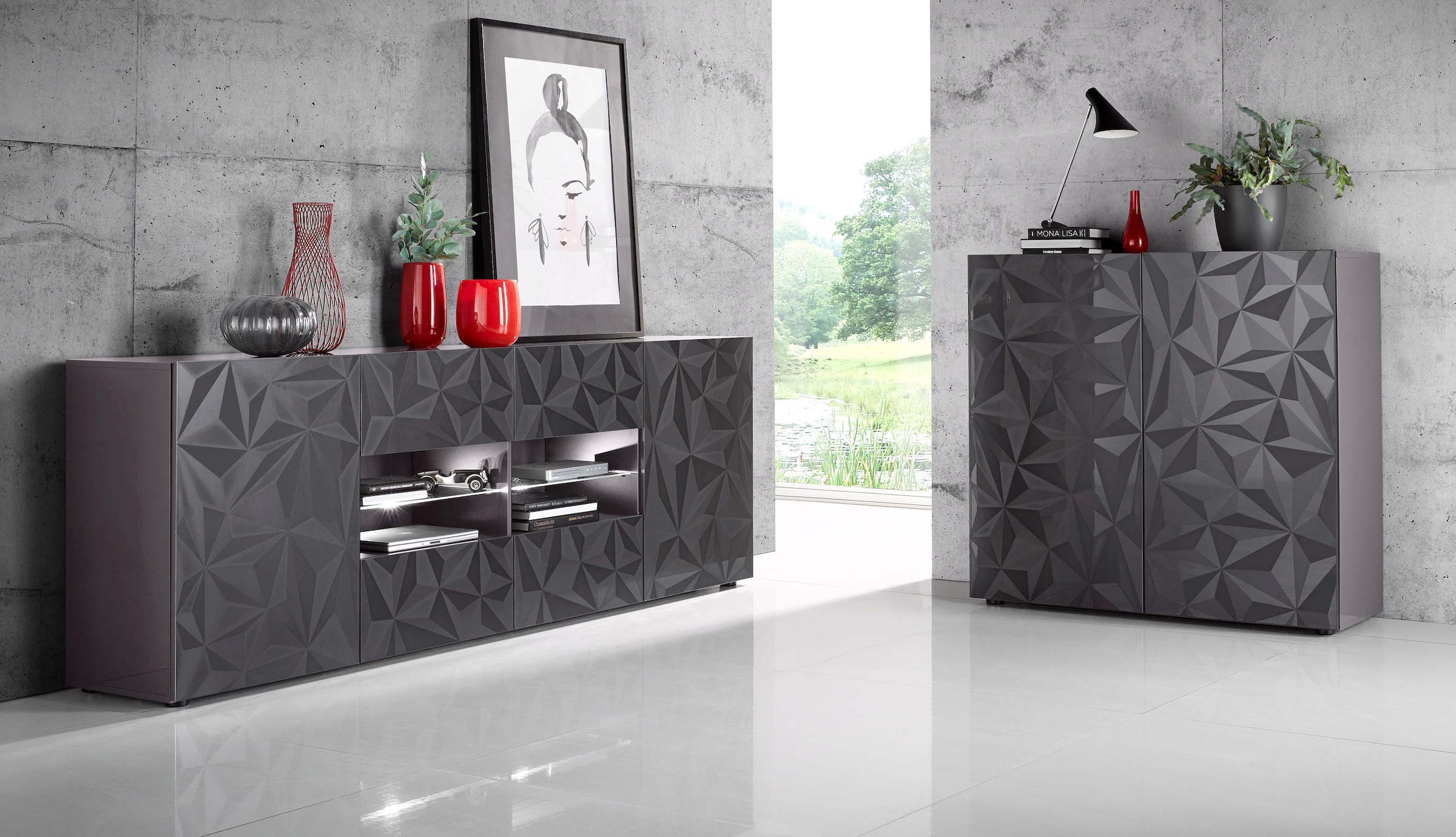 INOSIGN Highboard »Highboard Höhe 111 cm, Breite 121 cm, Kommode 2 Türen, Hochkommode«, Front mit elegantem Siebdruck, grifflos, viel Stauraum