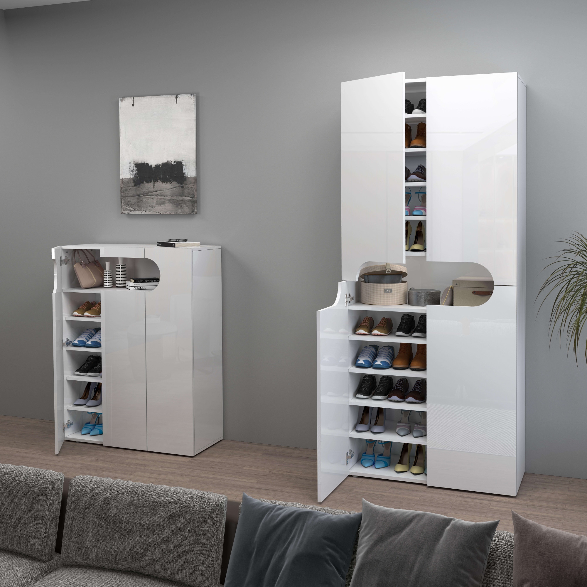 INOSIGN Schuhschrank »Real,Schuhschrank,Schuhkommode,Schuhregal,Breite 80 cm,Höhe 190 cm«, komplett Hochglanz lackiert, 4 Türen mit offenem Fach in ovaler Form
