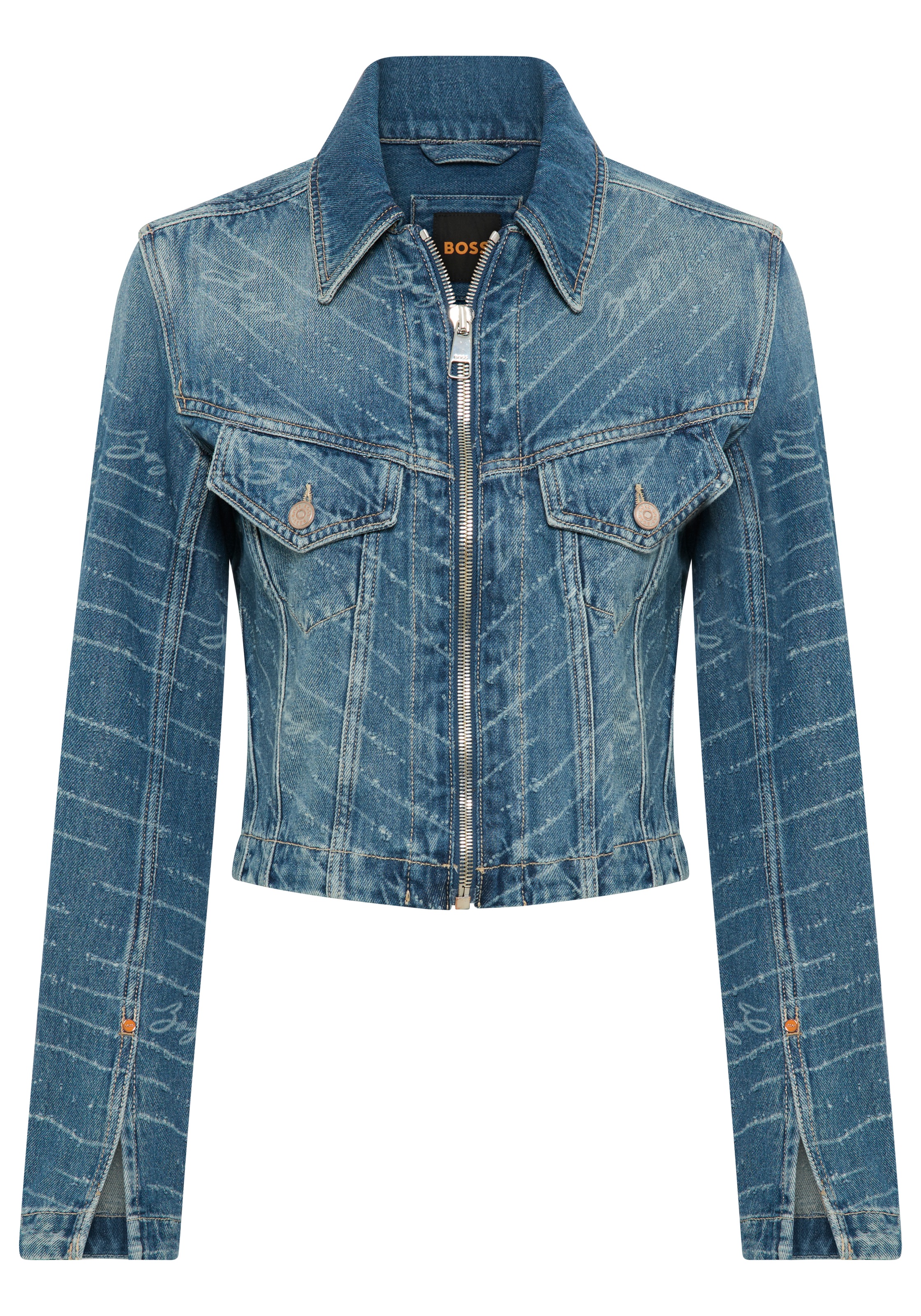 BOSS ORANGE Jeansjacke »DENIM ZIP TRACK JACKET Premium Damenmode« Slim Fit, All-Over Laserprint