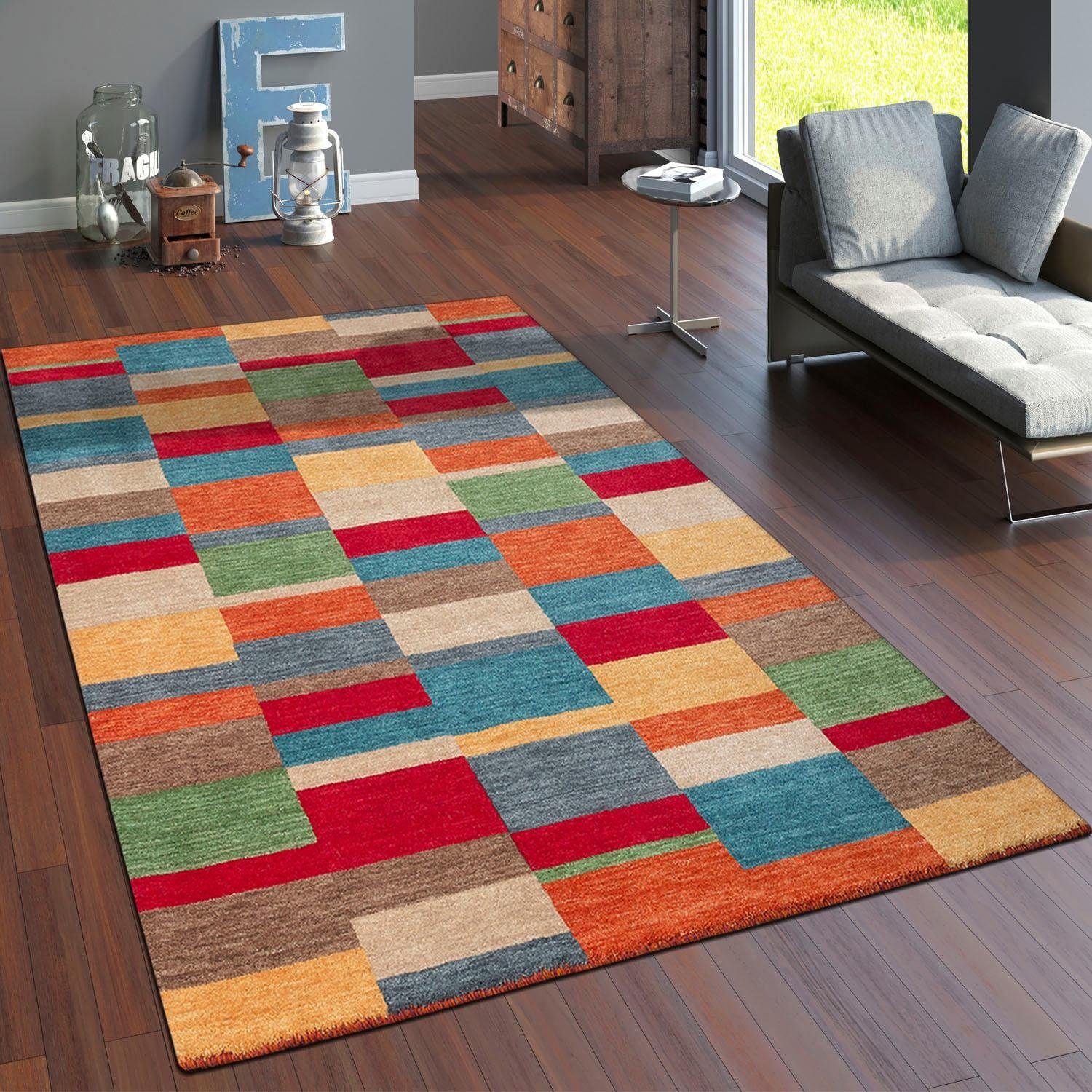 Paco Home Wollteppich »Gabbeh 305«, rechteckig, 14 mm Höhe, Kurzflor, handgewebt, reine Wolle, Gabbeh-Stil, Patchwork Design