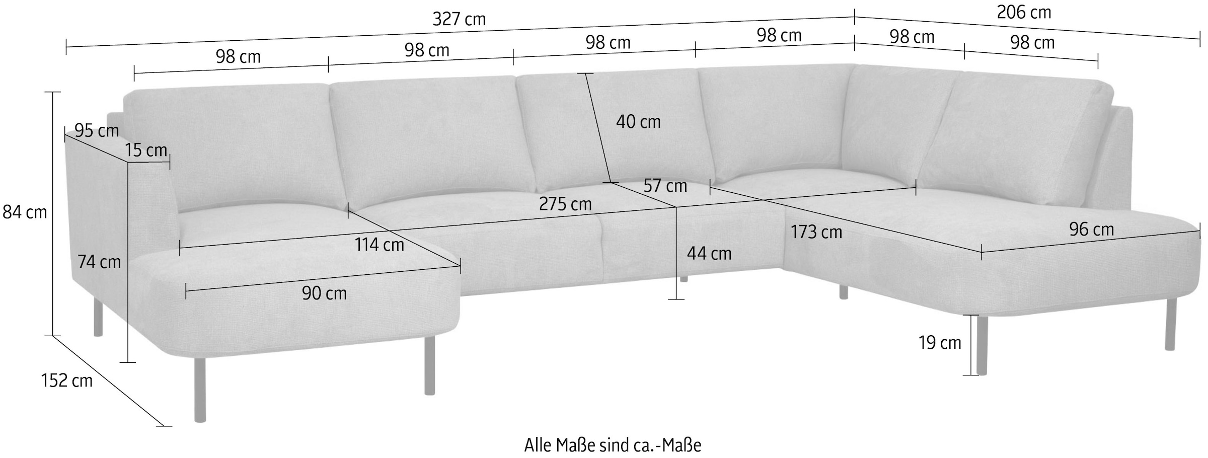 Places of Style Wohnlandschaft »Cesola«, in weichem Chenille-Stoff, Breite 327 cm, mit schwarzen Metallfüssen