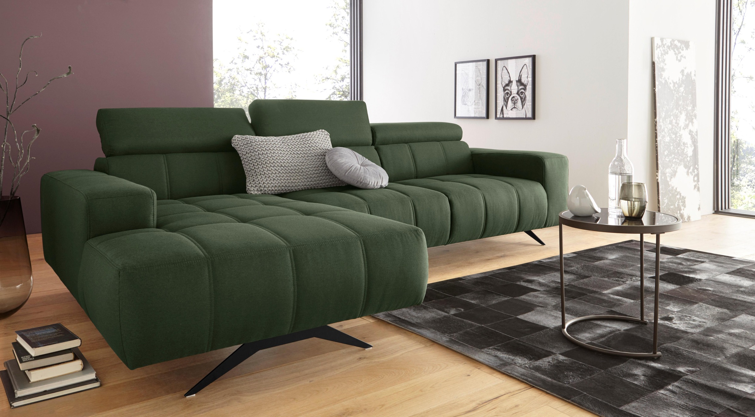 DOMO collection Ecksofa »Trento L-Form, mit Kufenfuss oder Einzelfuss«, wahlweise mit Kopfteilverstellung, Recamiere links/rechts bestellbar