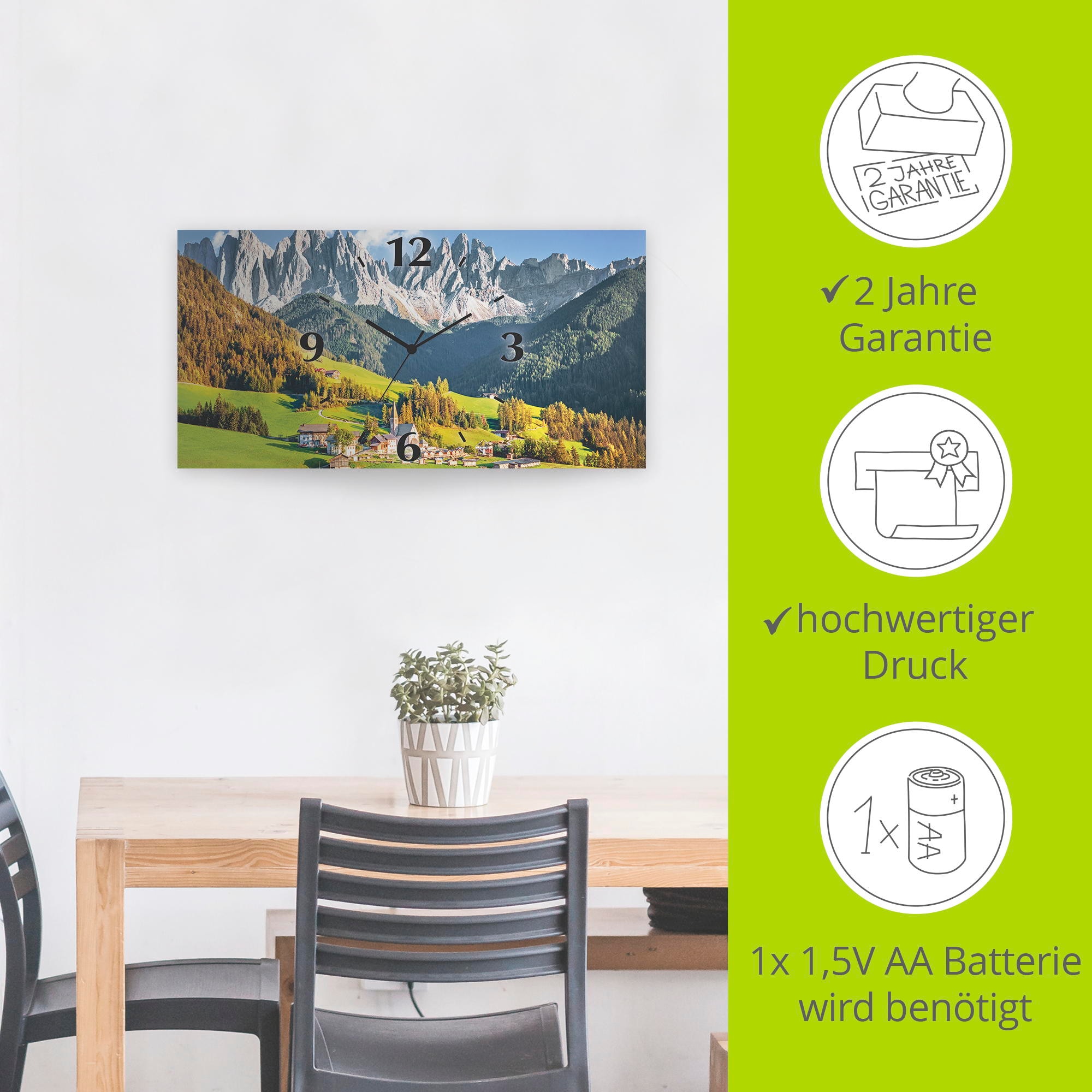 Artland Wanduhr »Alpen Berge Santa Maddalena«, 3D Optik gebogen, mit Quarz- oder Funkuhrwerk, versch. Grössen
