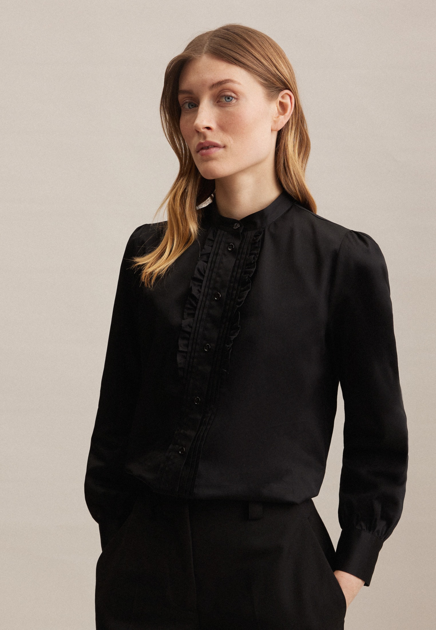 Langarm Rose«, Shop glänzend Uni im kaufen Kragen »Schwarze Klassische seidensticker Bluse ❤ Jelmoli-Online