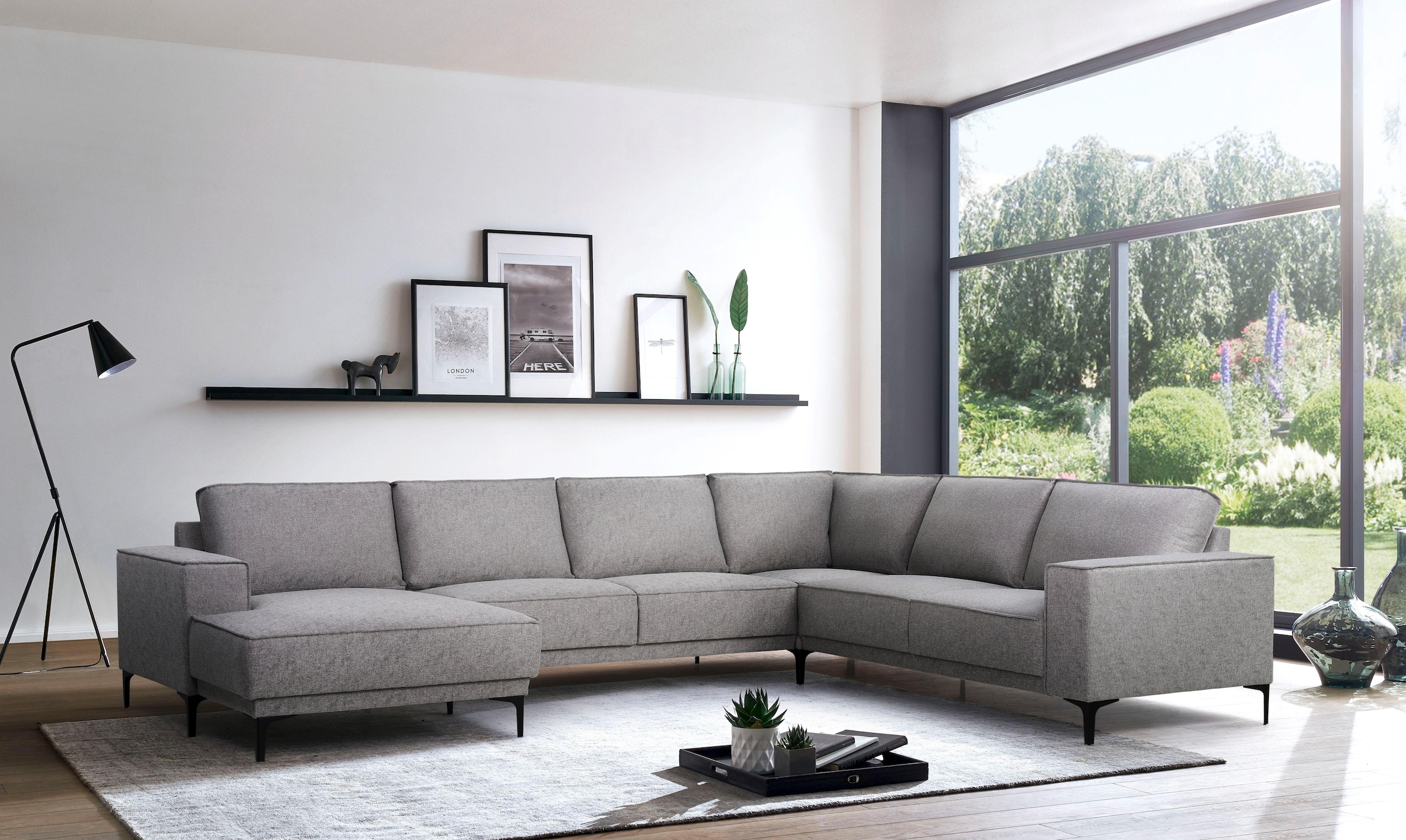 Places of Style Wohnlandschaft »XXL Sofa Oland, Struktur, Flachgewebe, Luxus-Microfaser, Boucle«, U-Form, 342 cm, Wellenunterfederung, Skandi-Design, Metallfüsse