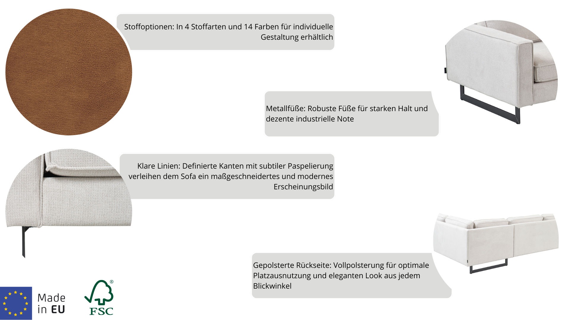 Places of Style 3-Sitzer »Pinto, 206 cm, Cord, Chenille, Lederoptik«, mit Keder, schwarze Metallfüsse, Wellenunterfederung
