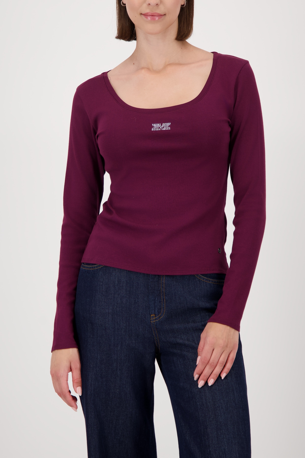 Monari Langarmshirt »Shirt Rippe Schmuck« Mit weitem Rundhalsausschnitt