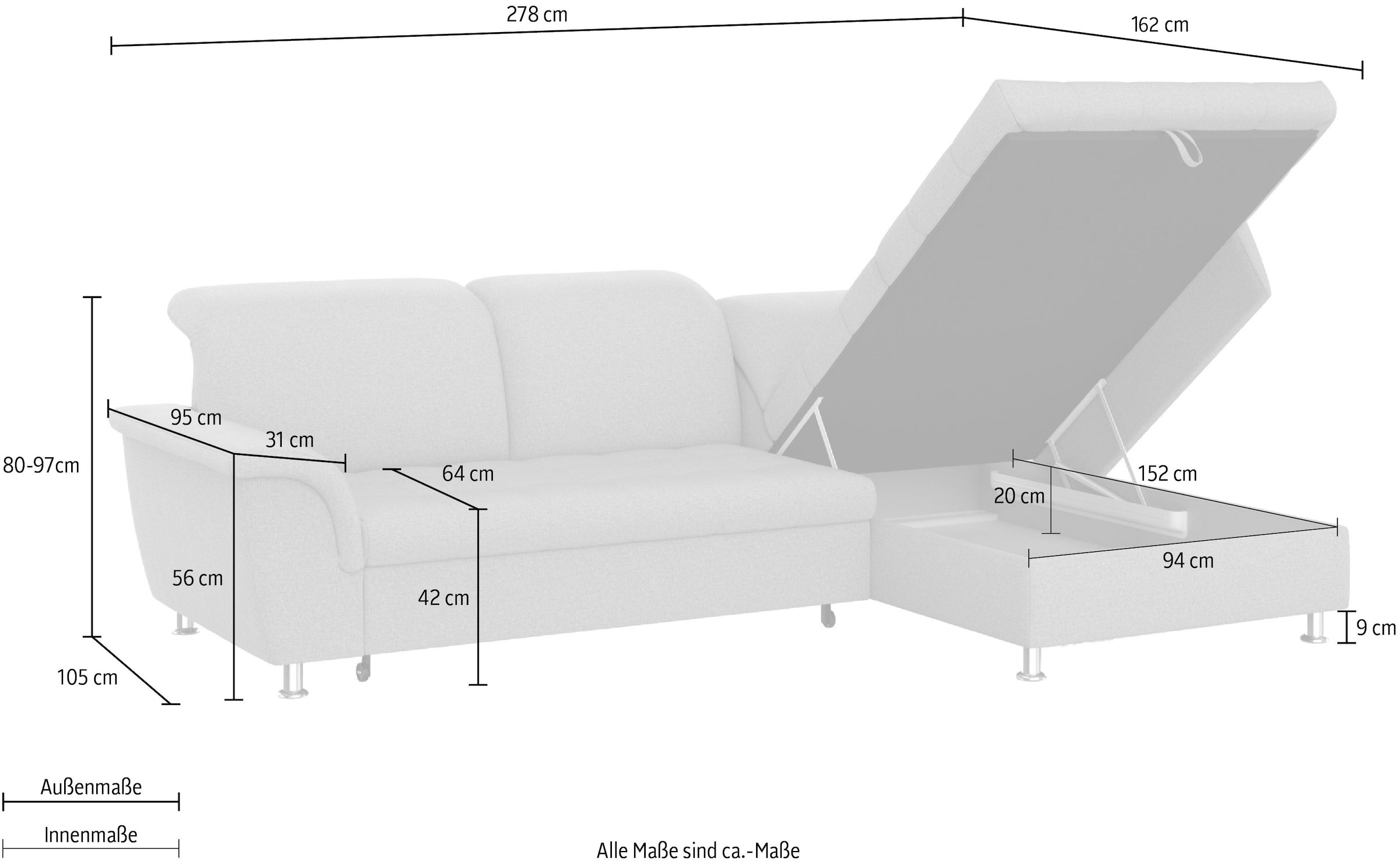 DOMO collection Ecksofa Franzi, wahlweise mit Bettfunktion, Bettkasten und Kopfteilverstellung