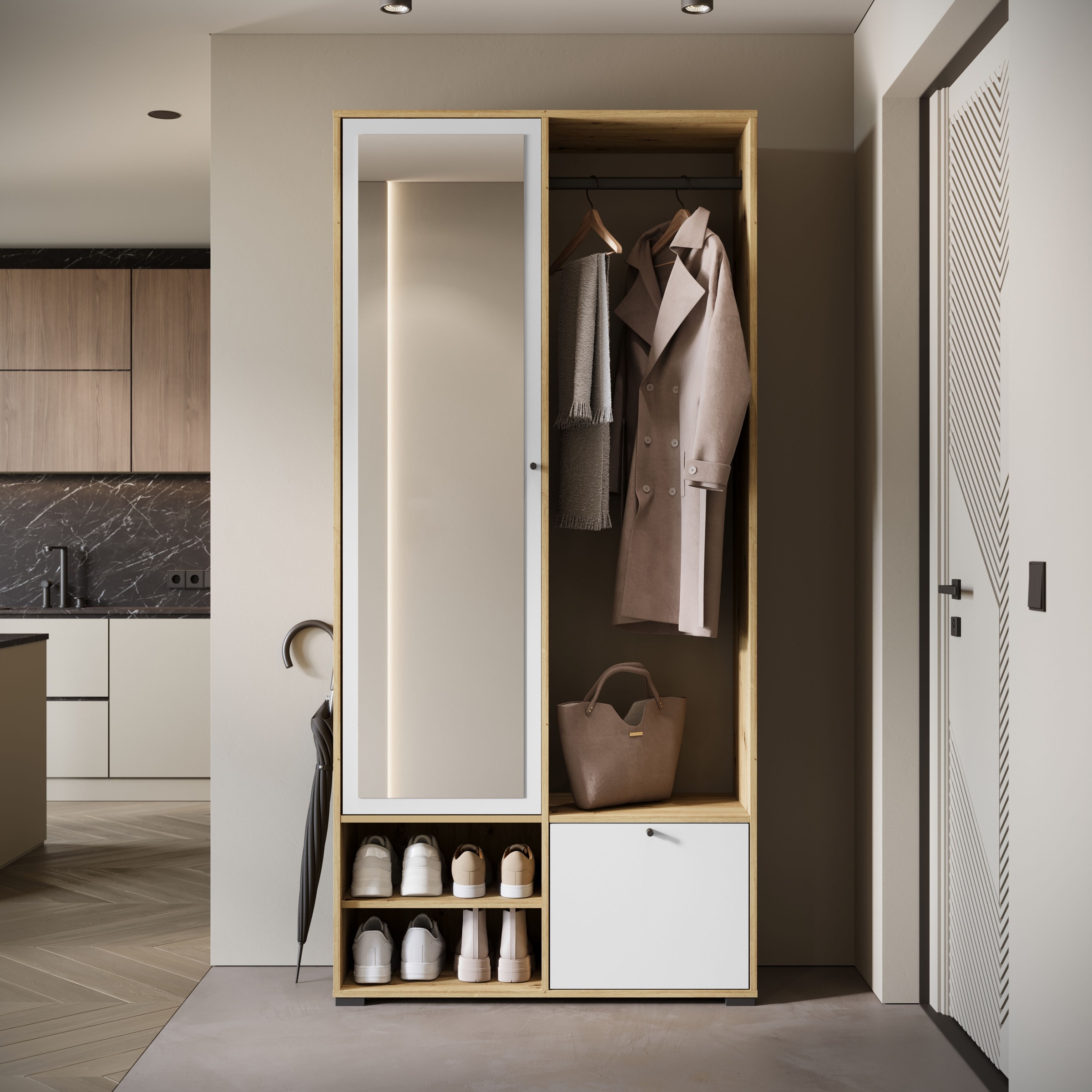 Home affaire Garderobenschrank "DINO Kompaktgarderobe, Garderoben-Set DINO" Mit Spiegel und Kleiderstange, 90 cm breit, Türanschlag wechselbar