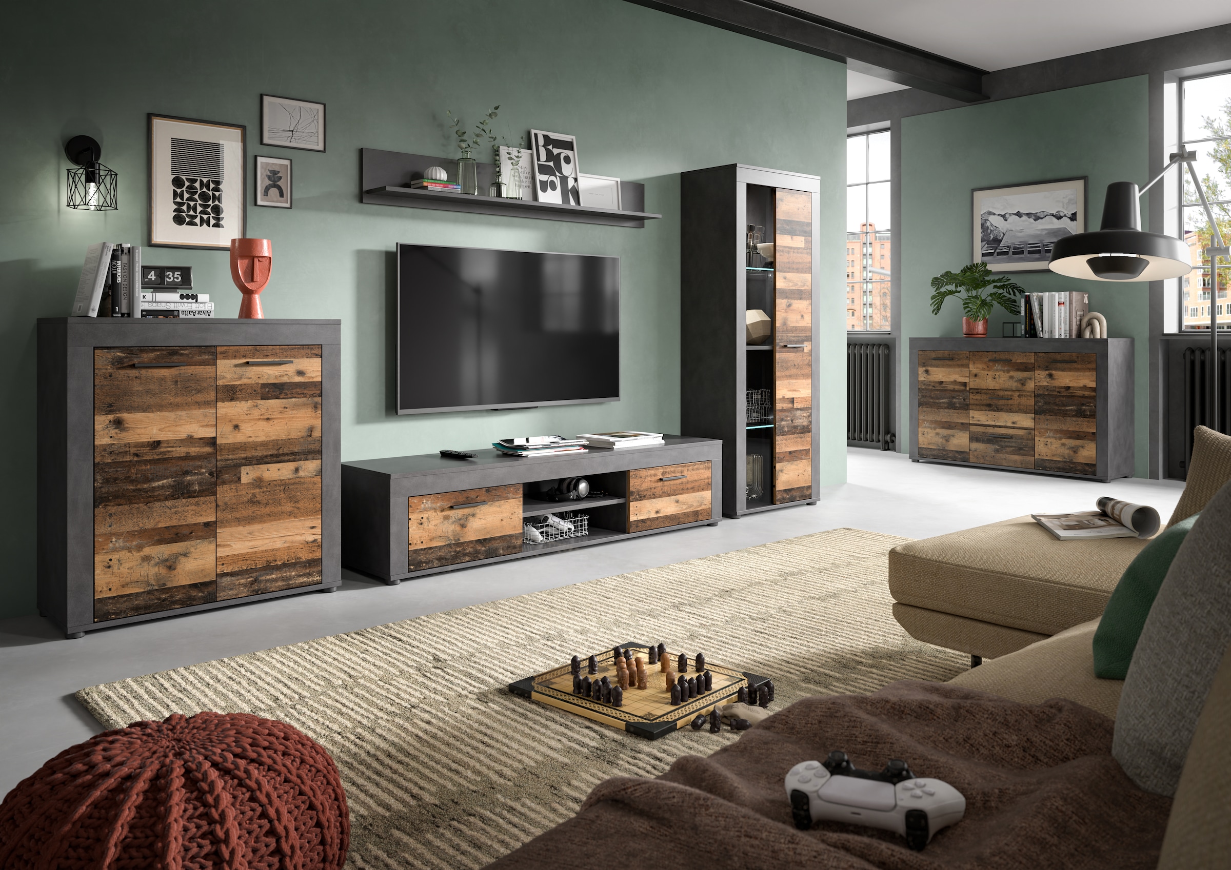 INOSIGN Wohnwand »Aosta, Breite 330cm, best. aus Highboard, Lowboard, Wandboard, Vitrine«, (4 St.), Wohnwand, Kombination, Anbauwand, Möbel Set, Schrankwand, Möbel Kombi