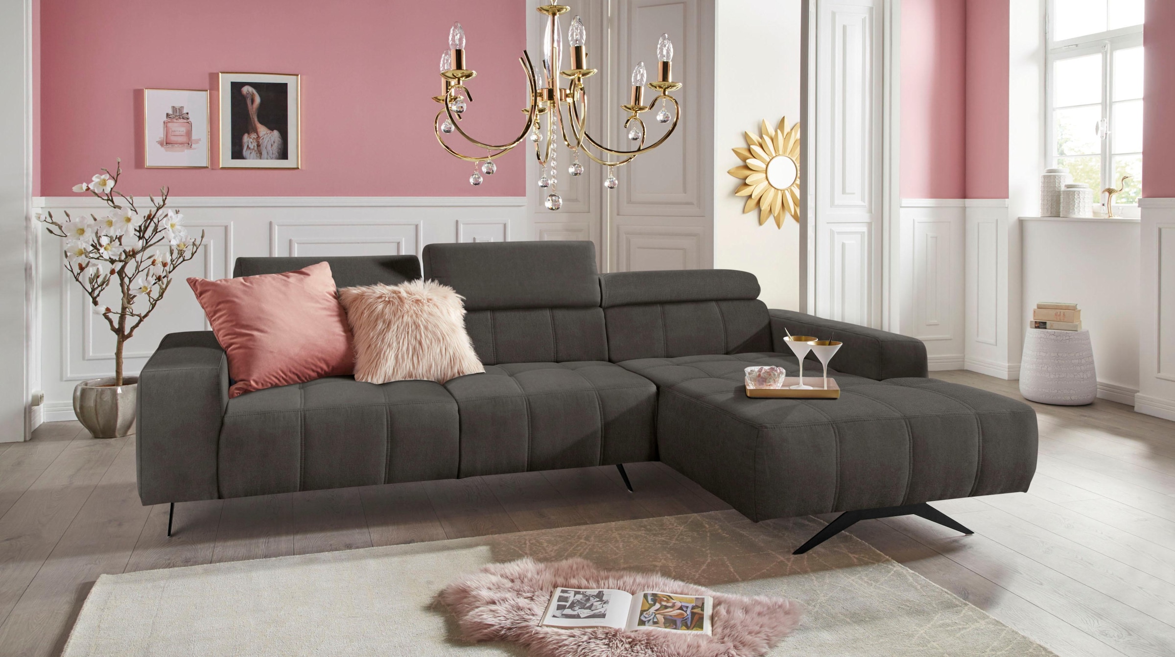 DOMO collection Ecksofa »Trento L-Form«, wahlweise mit Kopfteilverstellung, Recamiere links/rechts bestellbar