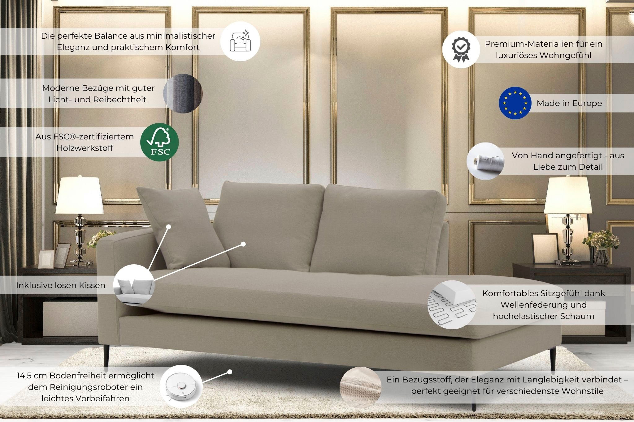 Leonique Recamiere »Cozy Chaiselongue, Masse B/T/H: 195/97/80 cm«, mit losen Kissen und Metallbeinen, Armlehne links oder rechts wählbar