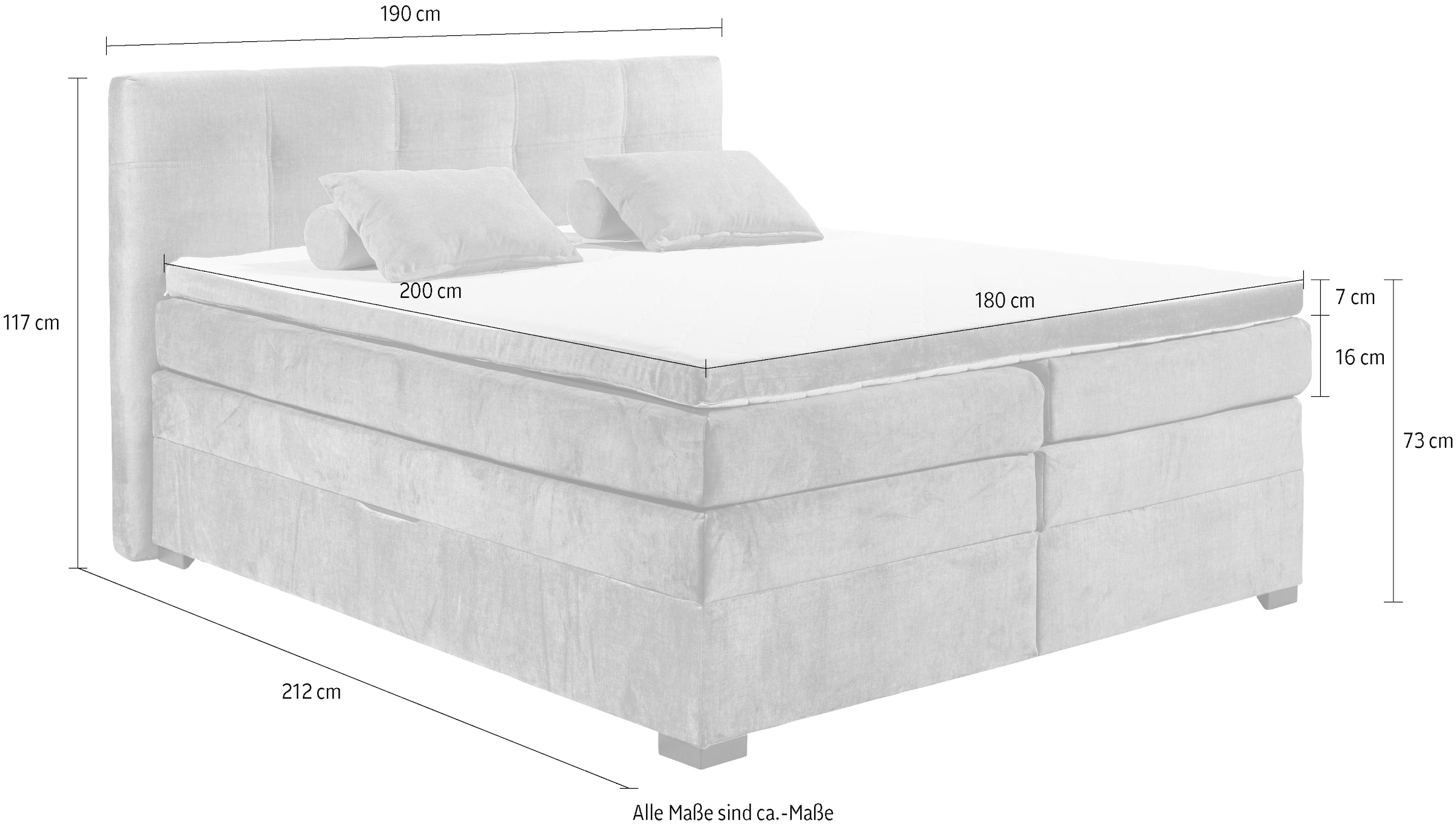 ED EXCITING DESIGN Boxspringbett »Fanes mit Komforteinstiegshöhe von 73cm«, erhältlich in 180x200cm, inkl. Bettkasten und 7cm Visco-Topper