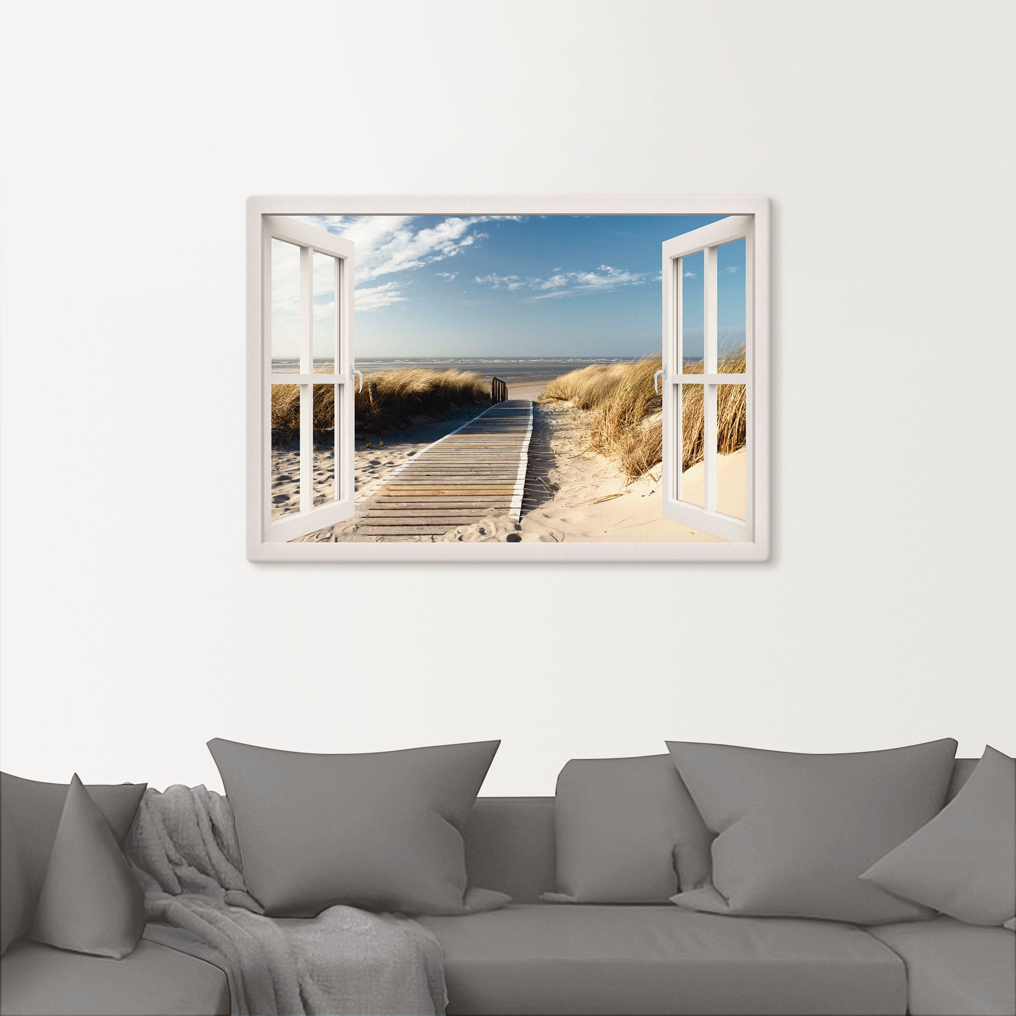 Artland Wandbild »Fensterblick Nordseestrand auf Langeoog«, Fensterblick, (1 St.), als Leinwandbild, Poster, Wandaufkleber in verschied. Grössen