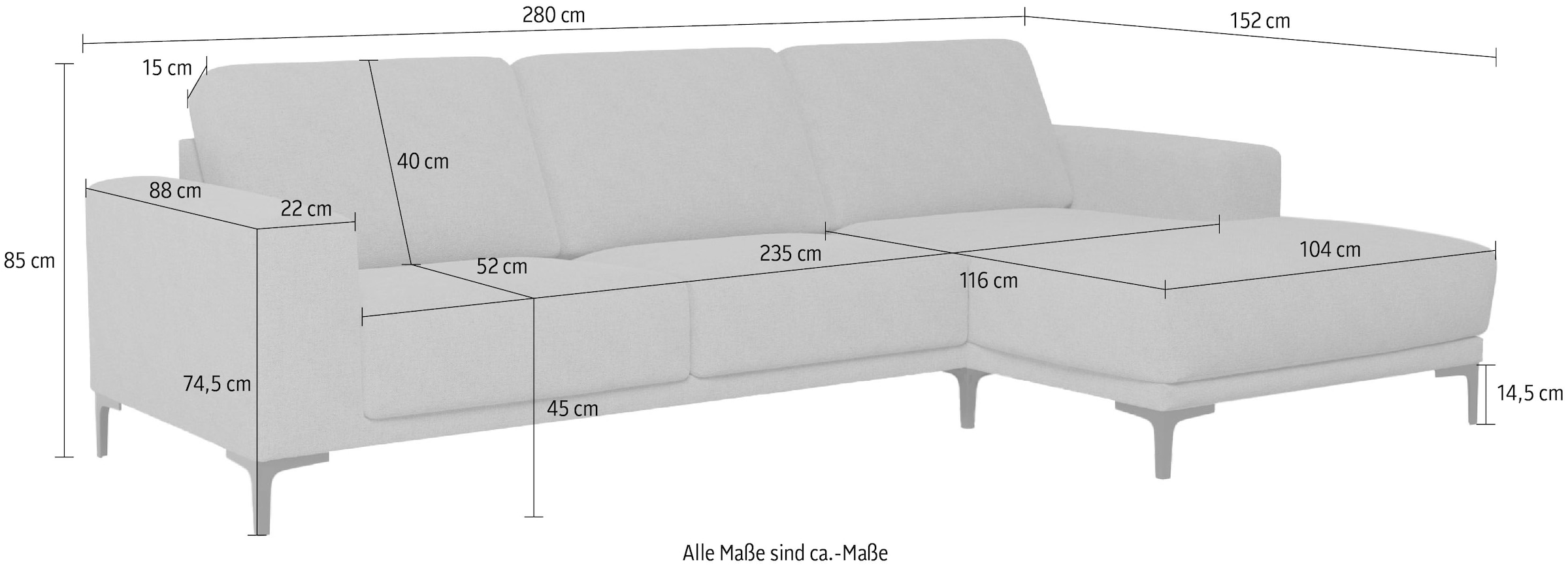 Places of Style Ecksofa »Xander, L-Form,«, Breite 280 cm, Soft-Touch Chenille, schwarze Metallfüsse