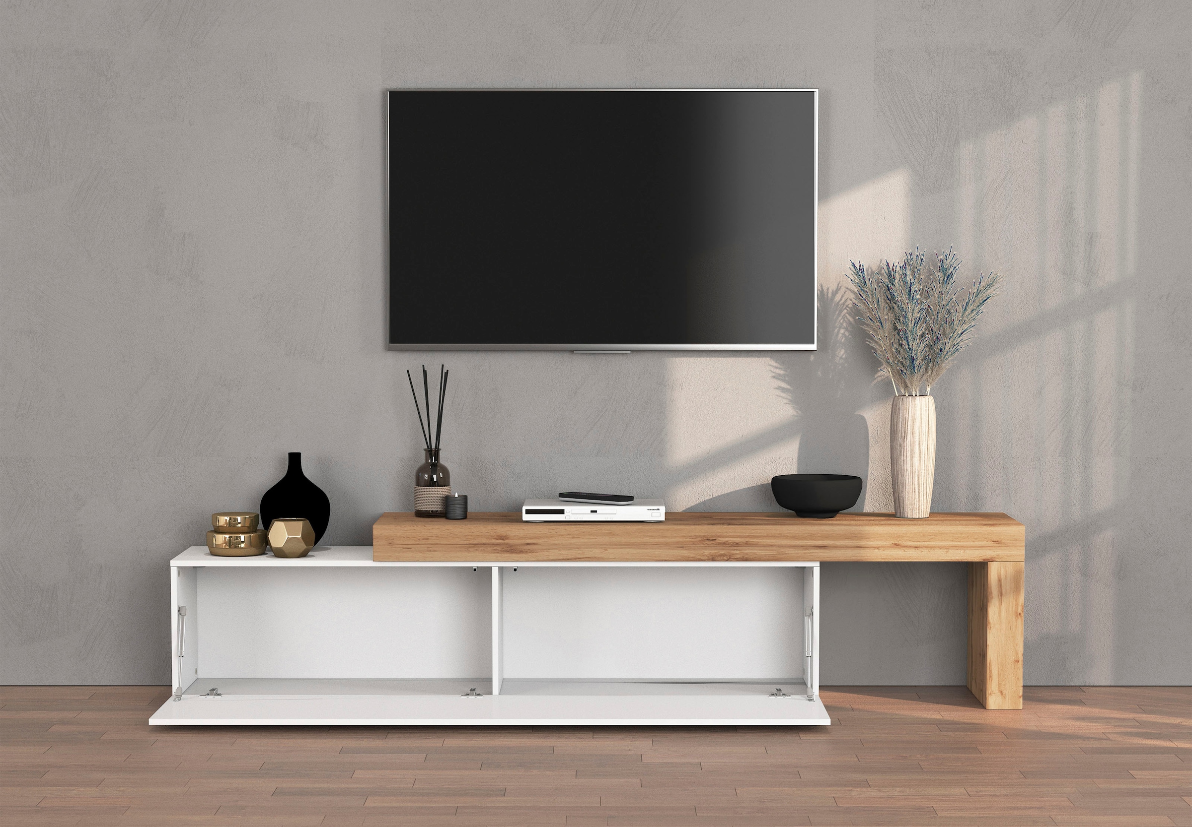 INOSIGN Lowboard »Chronos TV-Board, TV-Schrank«, (1 St., Breite verstellbar von 190 bis 350 cm), Breite 270 cm TV-Board,Lowboard,1 Klappe und ein L-Förmiger Aufsatz