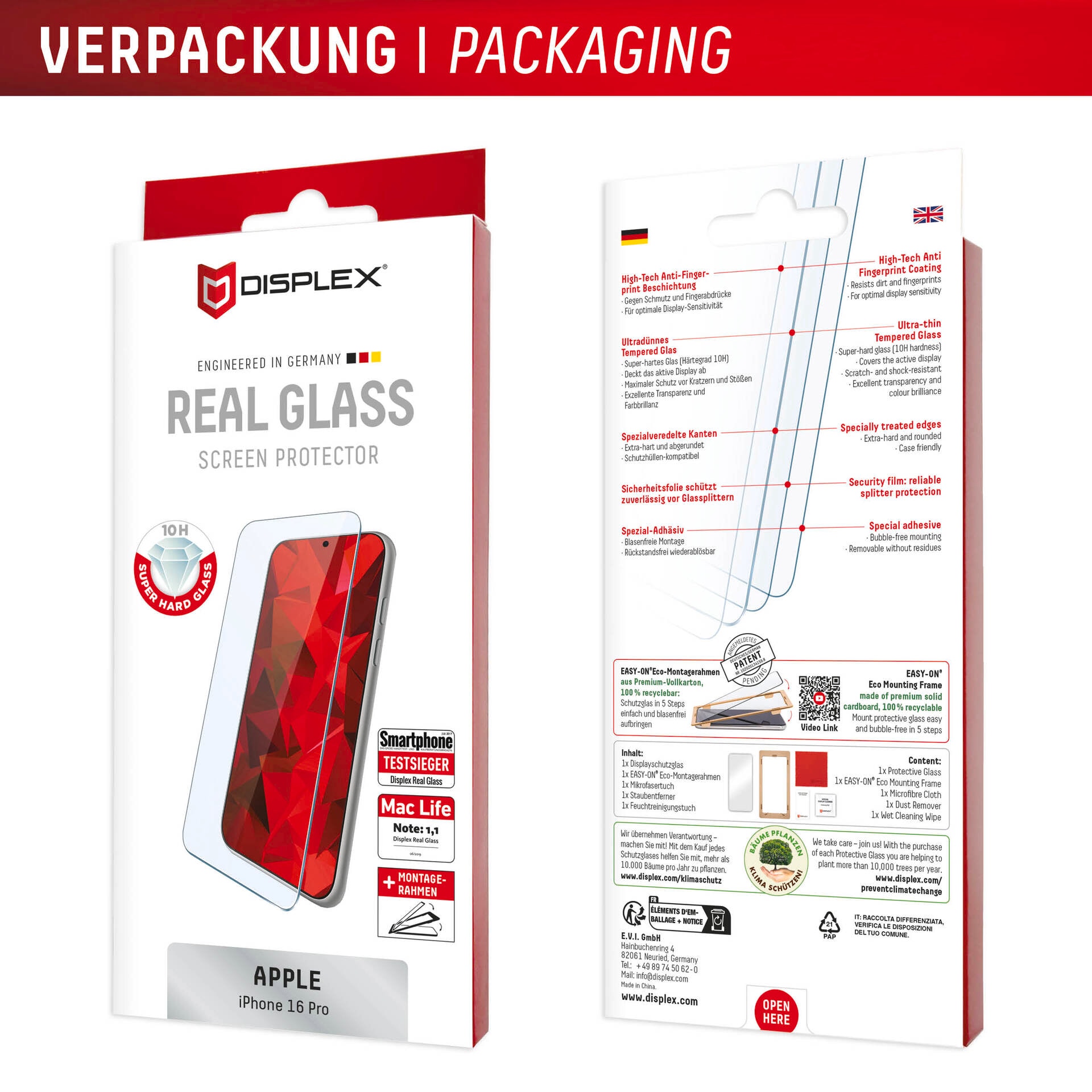 Displex Displayschutzglas »Real Glass Screen Protection«, für Apple iPhone 16 Pro, Displayschutzfolie, Schutzfolie, Bildschirmschutz, kratz- & stossfest