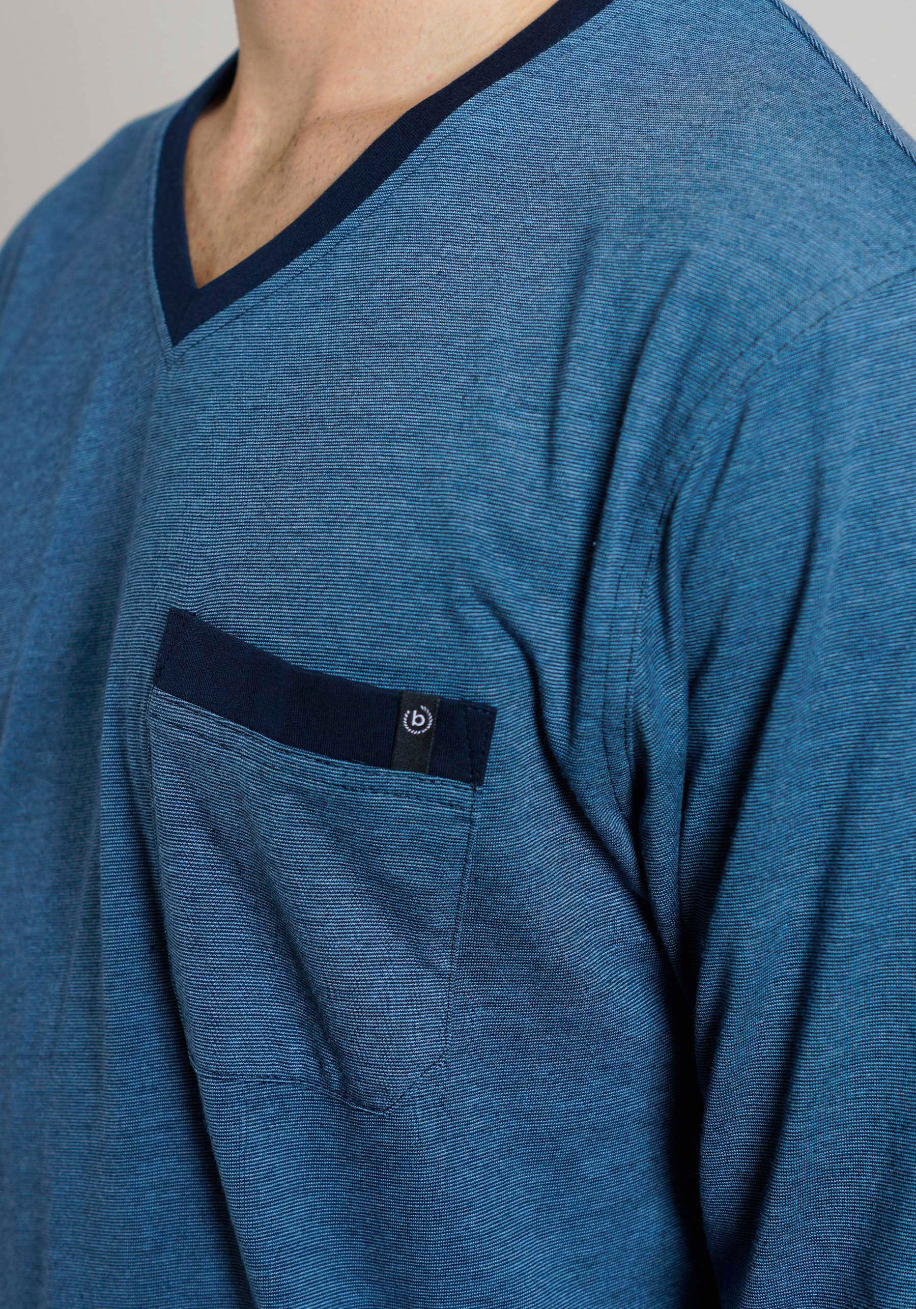 bugatti Pyjama, (2 tlg.), V-Ausschnitt, Langarm, lange Hose, bequem, Baumwollmix