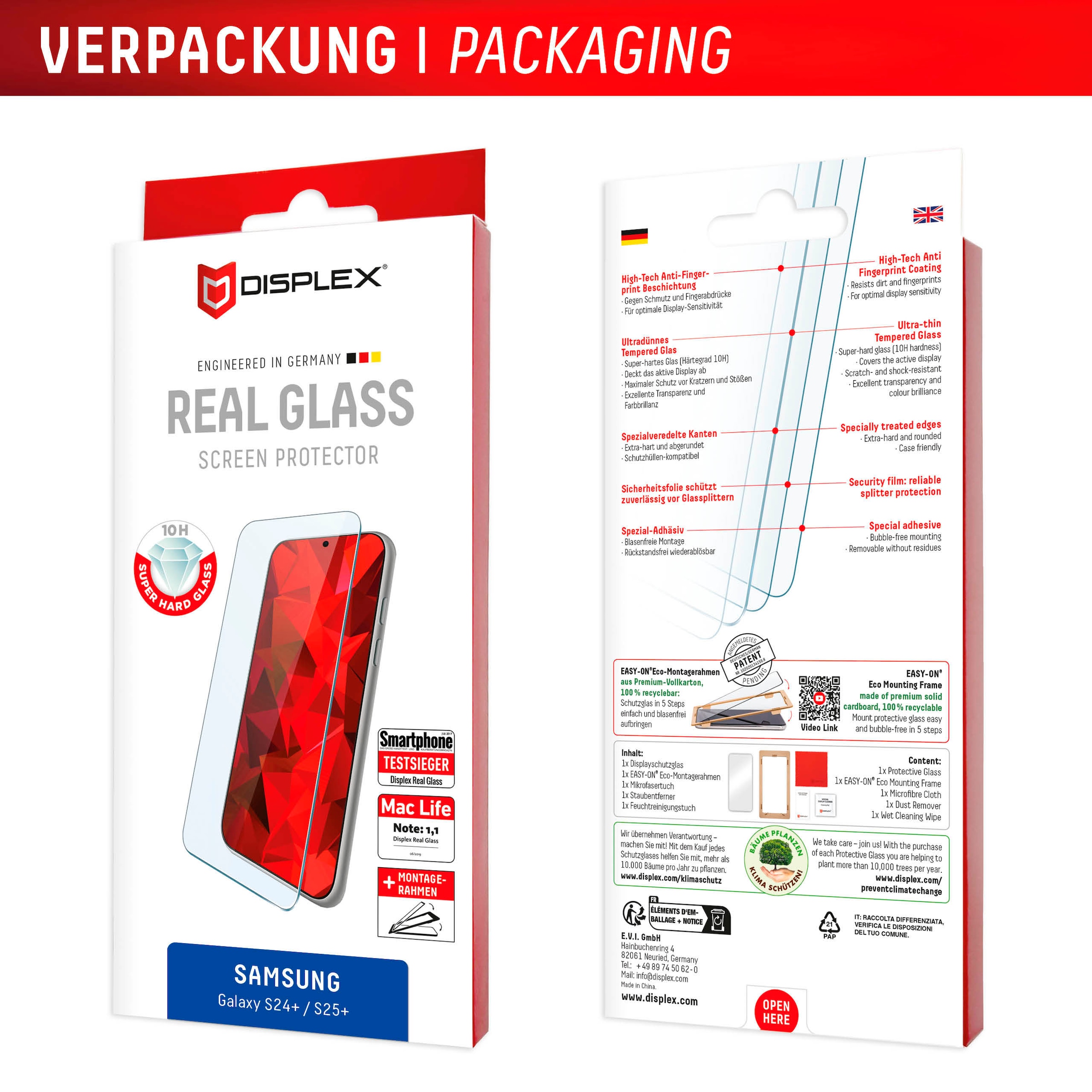 Displex Displayschutzglas »Real Glass«, für Samsung Galaxy S24+-Samsung Galaxy S25+, Displayschutzfolie Displayschutz kratzer-resistent 10H splitterfest